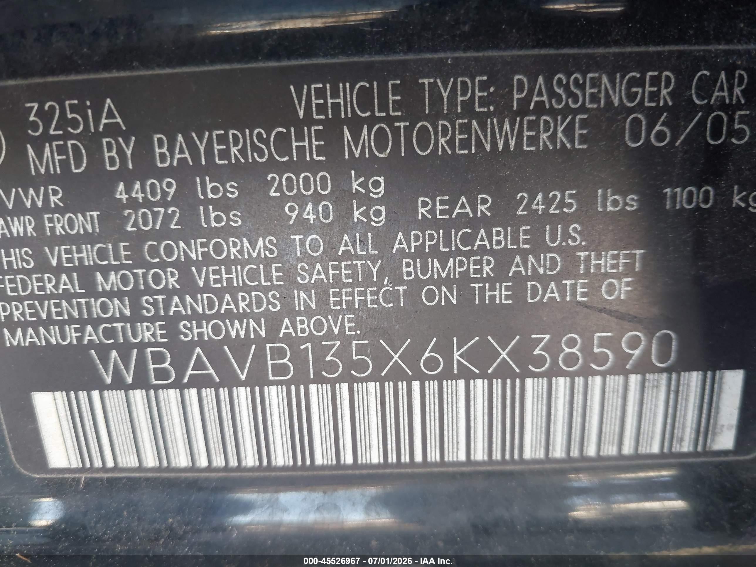 2006 Bmw 325i   Black vin: WBAVB135X6KX38590