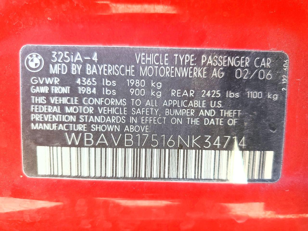 2006 Bmw 325 I Automatic Red vin: WBAVB17516NK34714