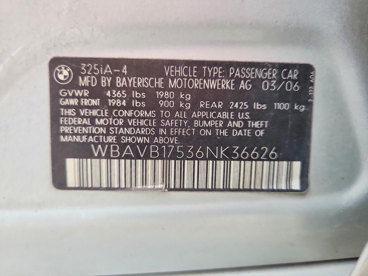 2006 Bmw 325 I Automatic Silver vin: WBAVB17536NK36626