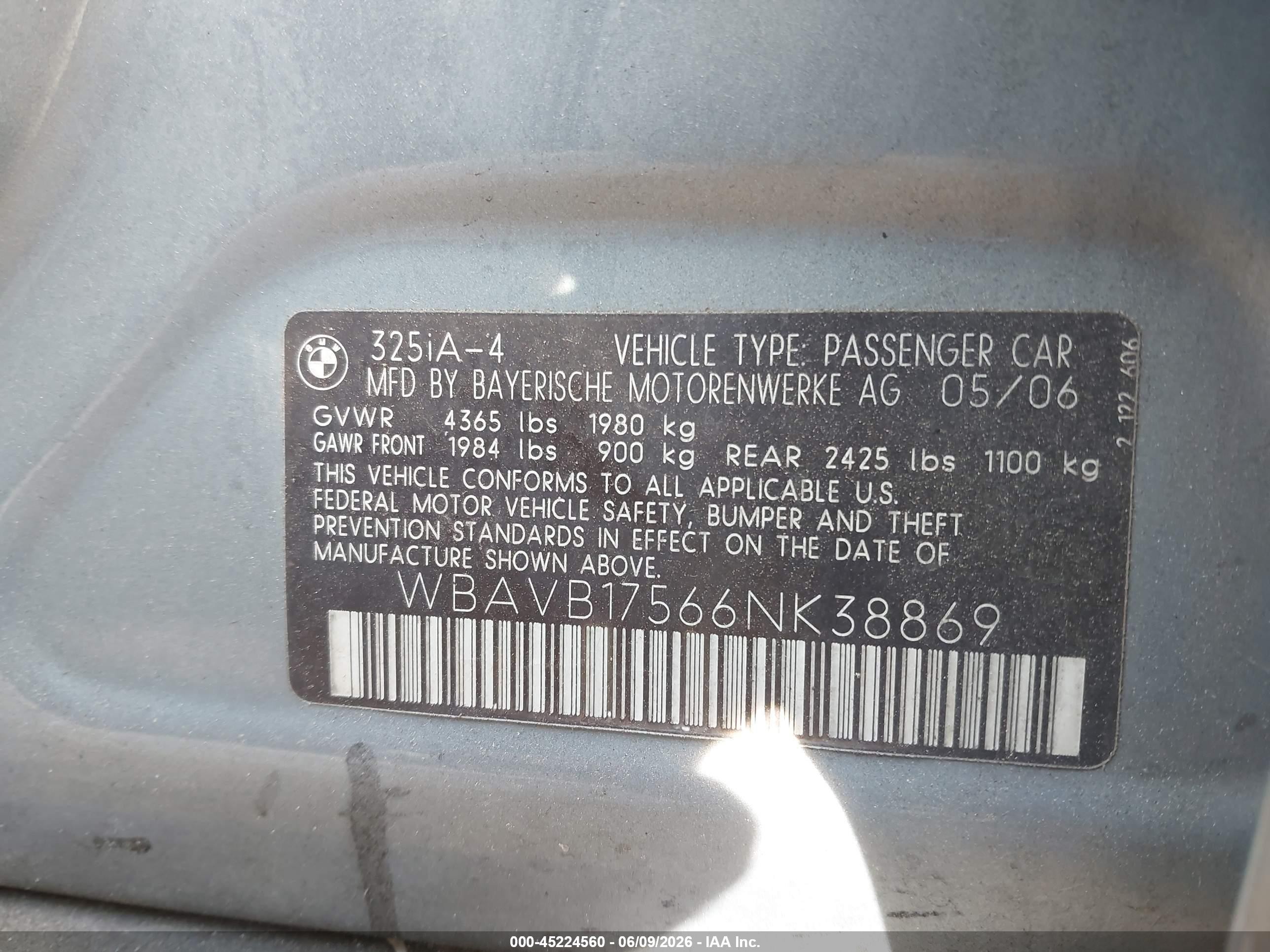 2006 Bmw 325i   Teal vin: WBAVB17566NK38869