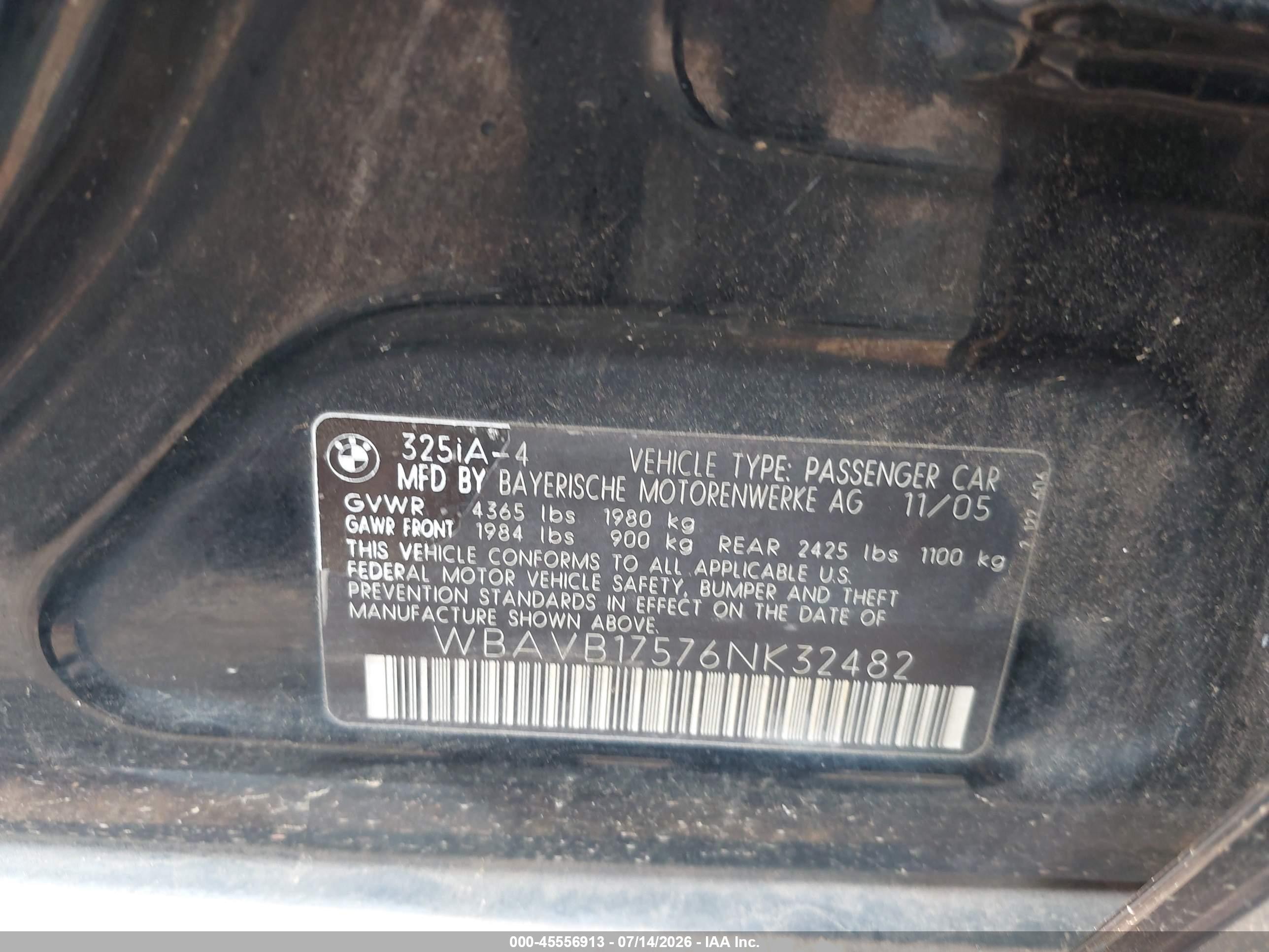 2006 Bmw 325i   Черный vin: WBAVB17576NK32482