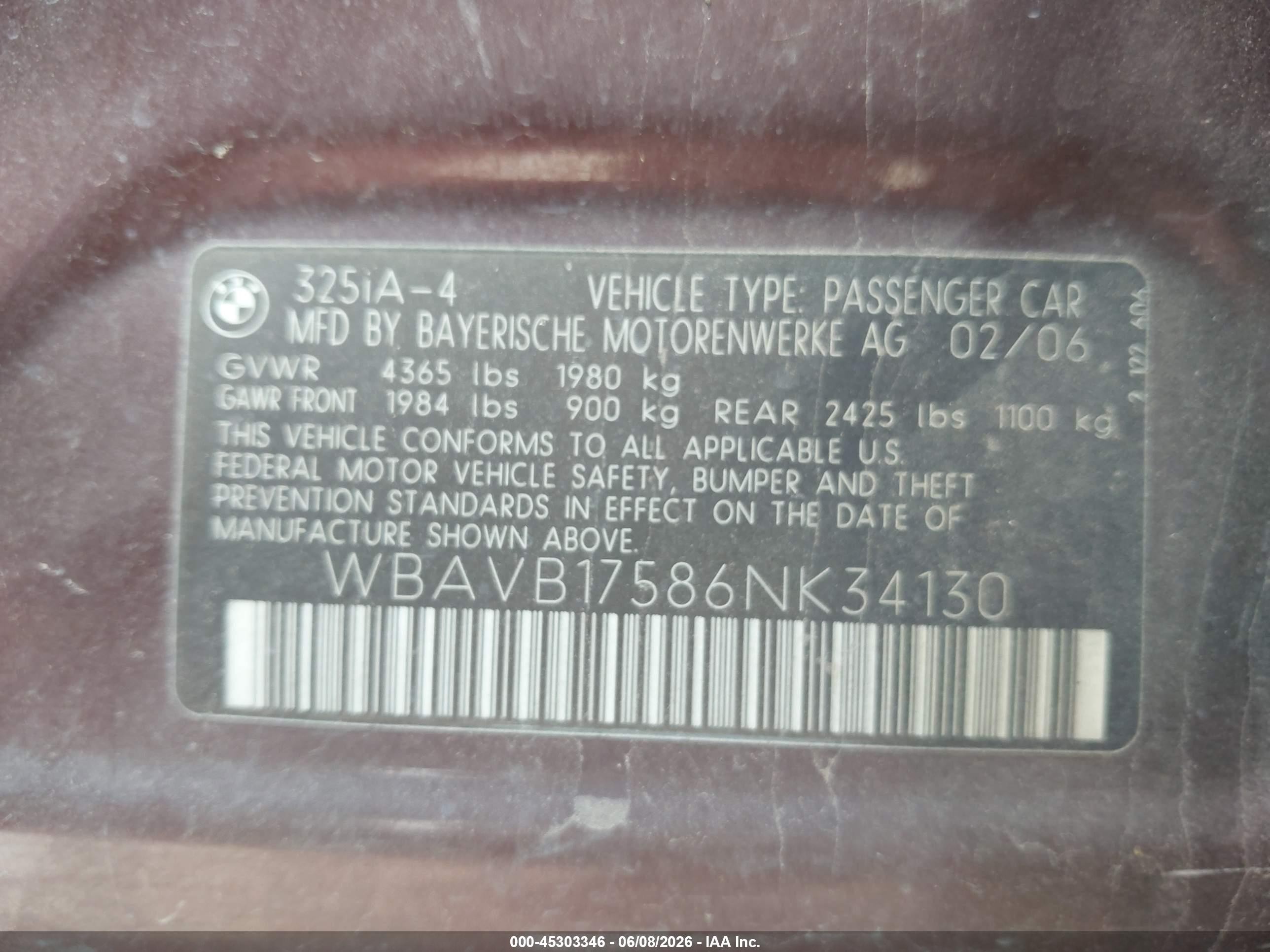 2006 Bmw 325i   Burgundy vin: WBAVB17586NK34130