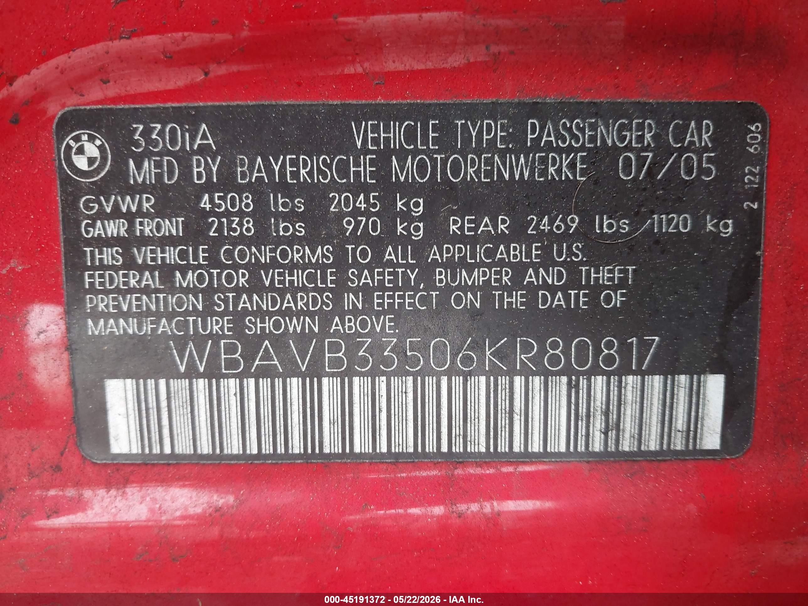 2006 Bmw 330i   Red vin: WBAVB33506KR80817
