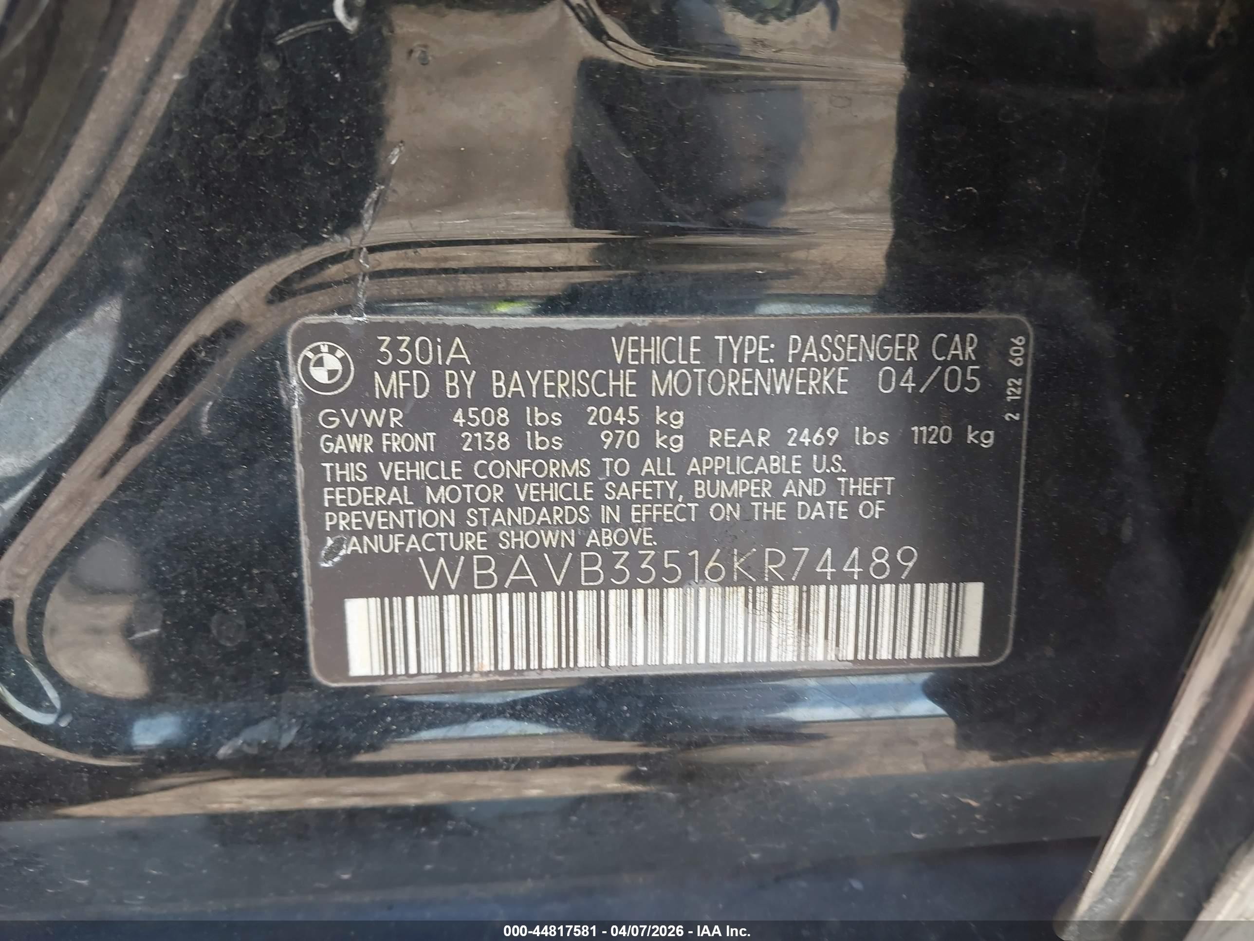 2006 Bmw 330i Black vin: WBAVB33516KR74489