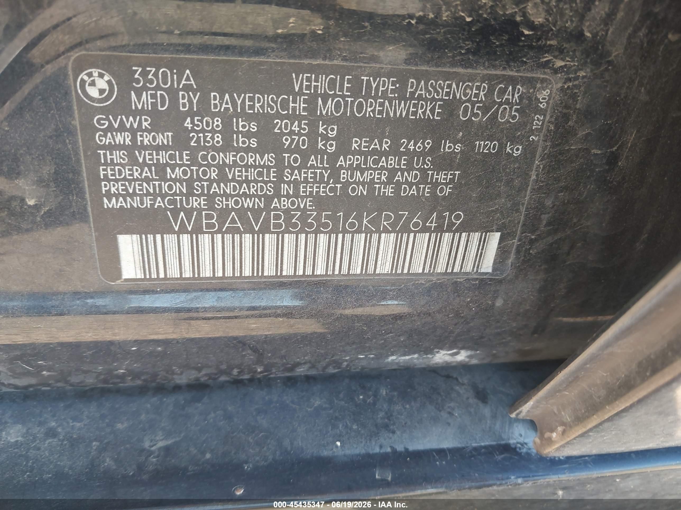 2006 Bmw 330i   Dark Blue vin: WBAVB33516KR76419