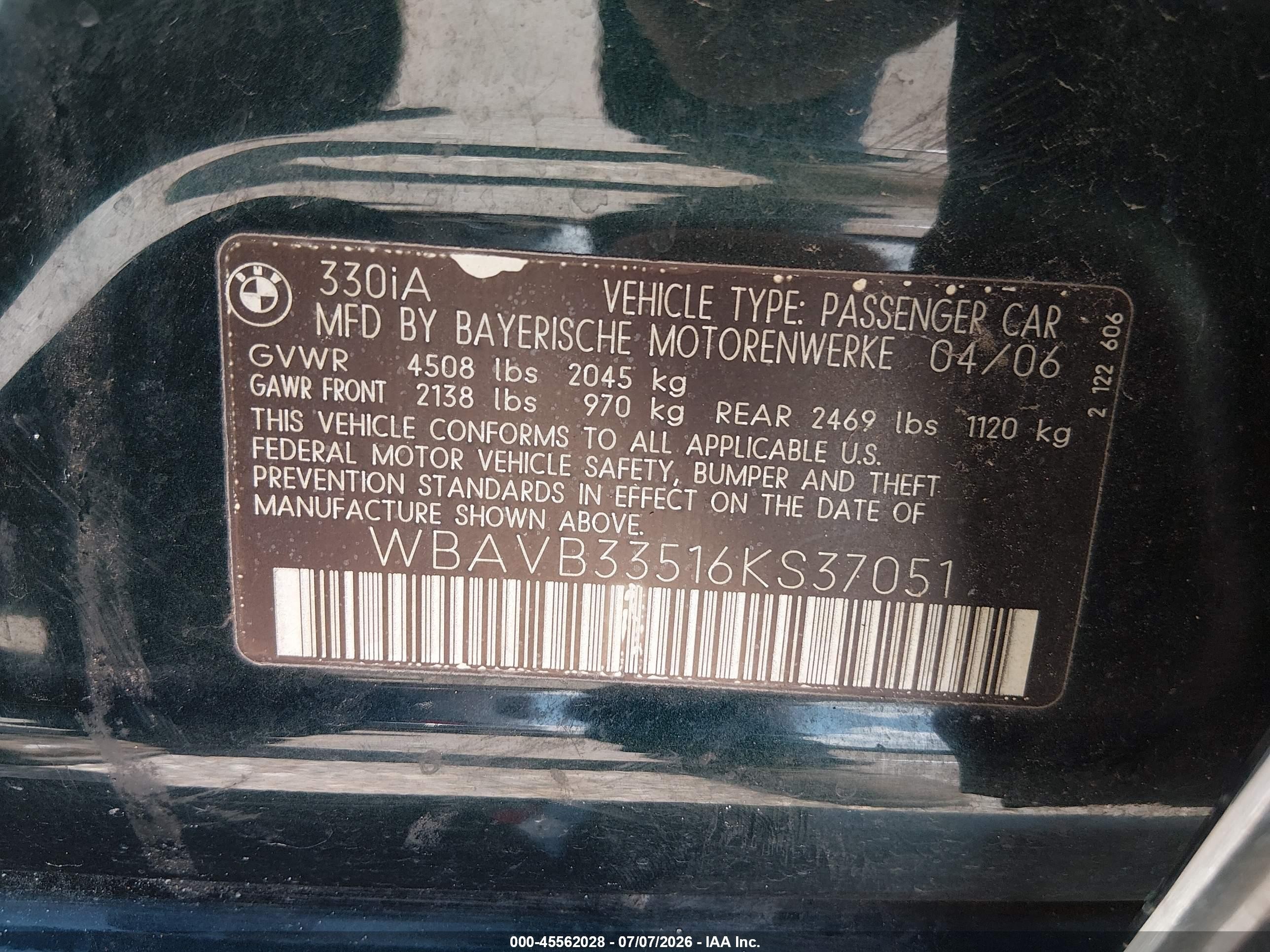 2006 Bmw 330i   Green vin: WBAVB33516KS37051