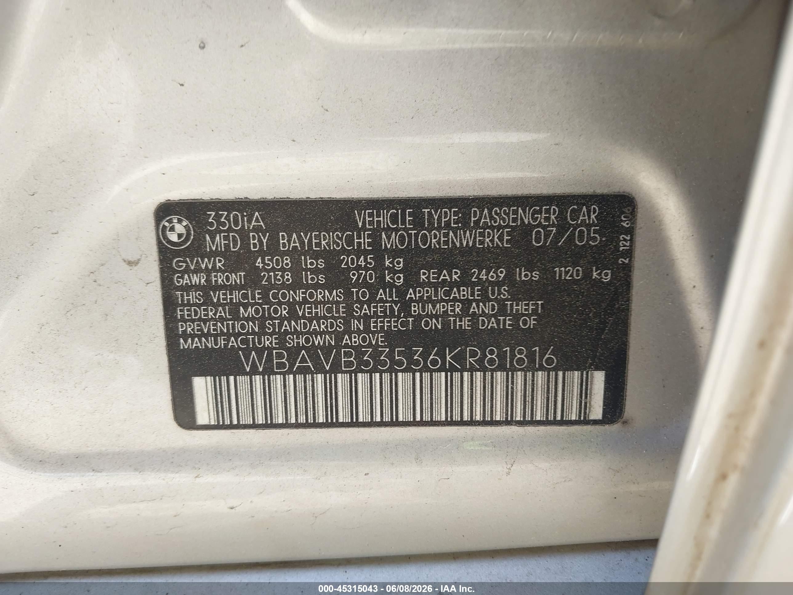 2006 Bmw 330i   Silver vin: WBAVB33536KR81816