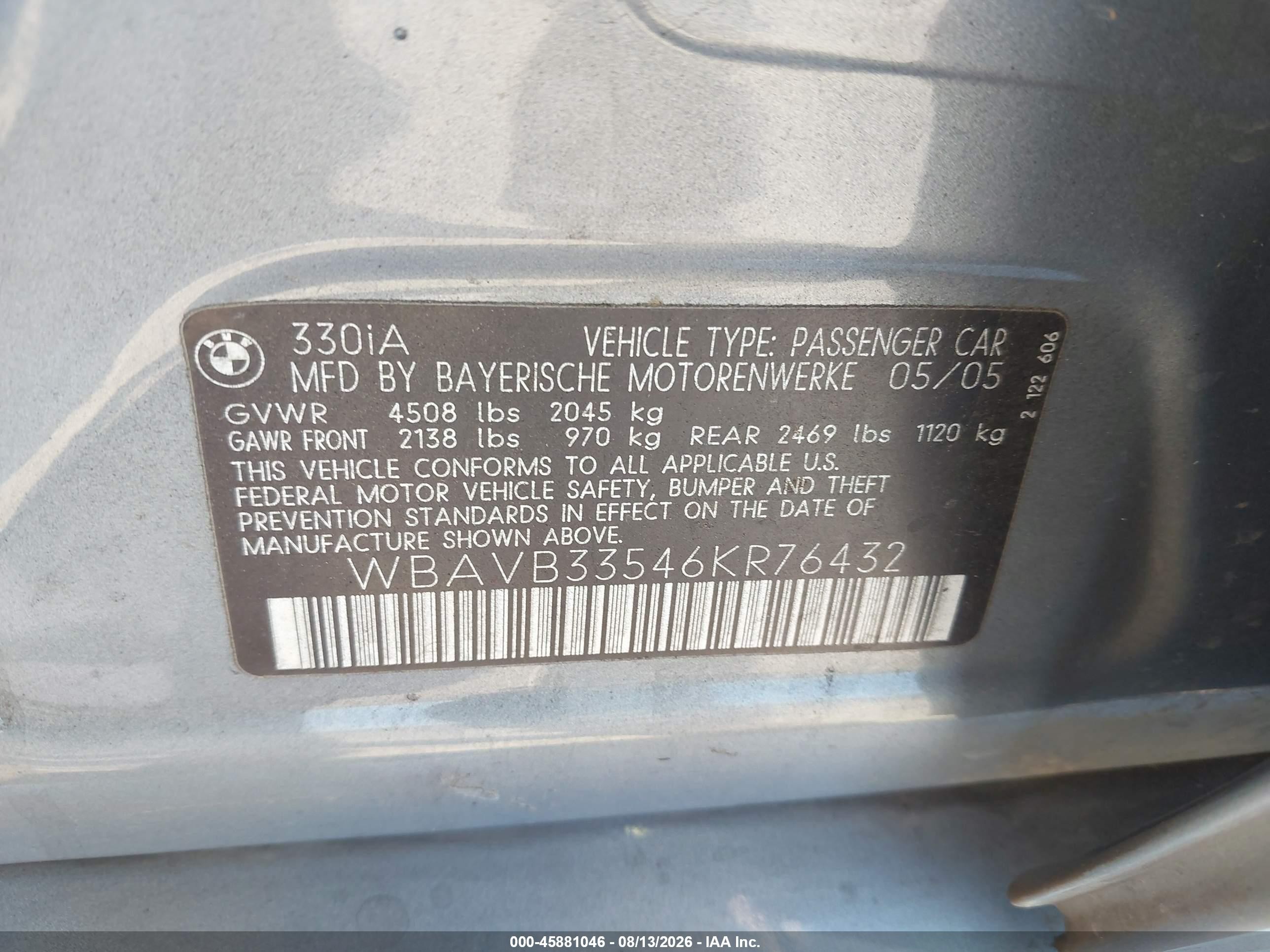 2006 Bmw 330i   Серый vin: WBAVB33546KR76432