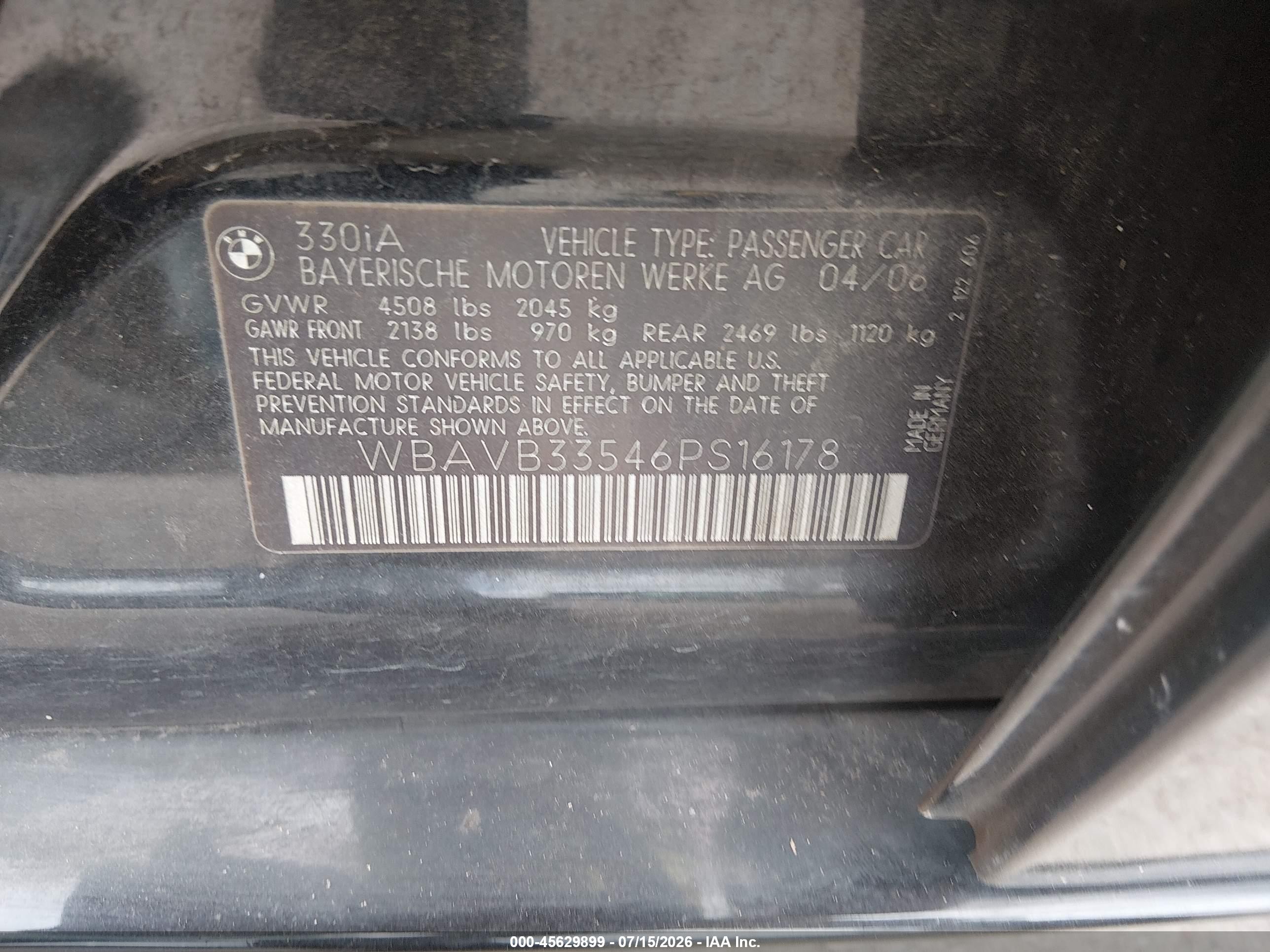 2006 Bmw 330i   Black vin: WBAVB33546PS16178