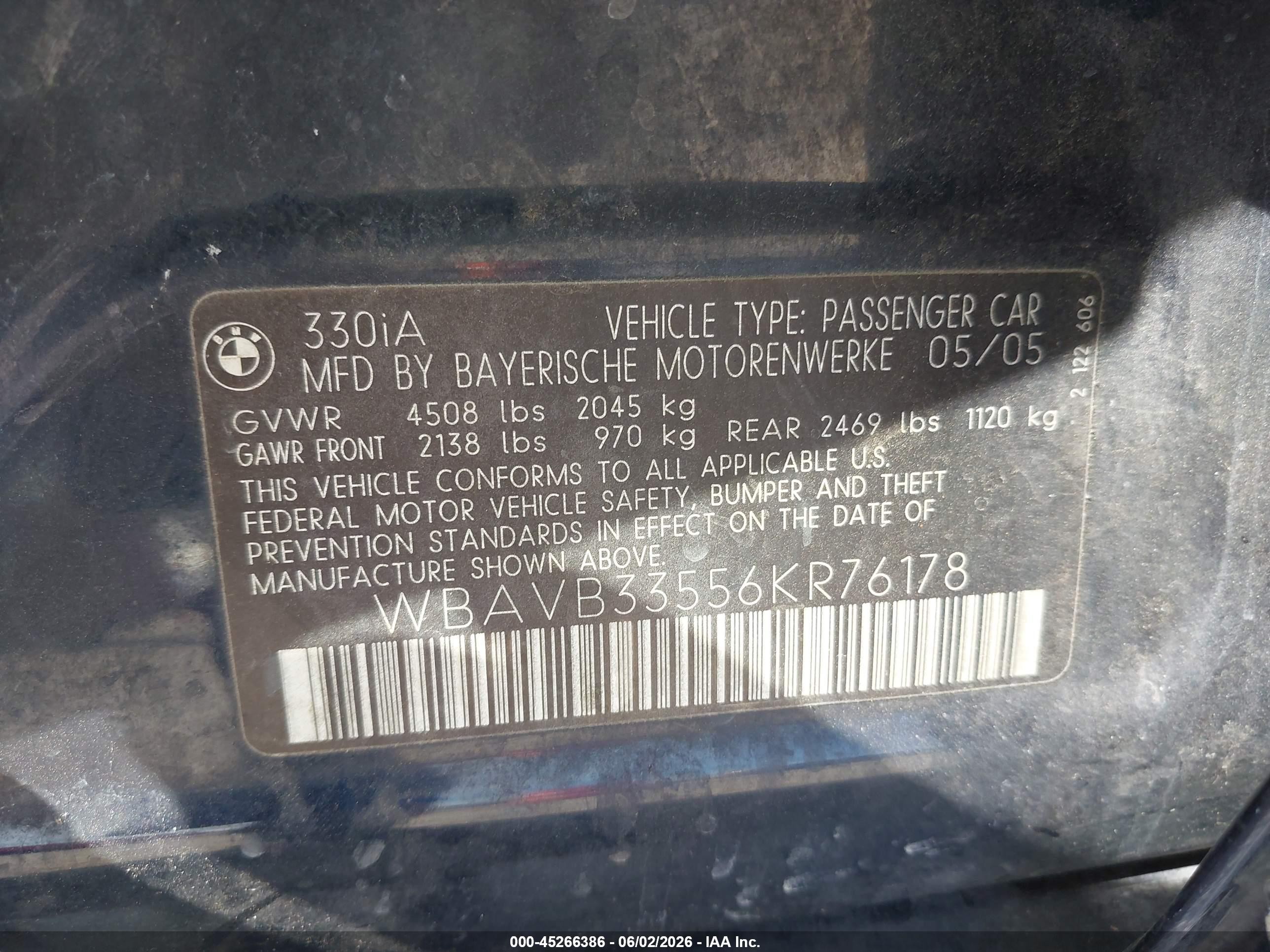 2006 Bmw 330i   Blue vin: WBAVB33556KR76178