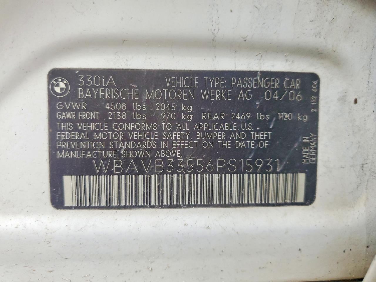 2006 Bmw 330 I White vin: WBAVB33556PS15931