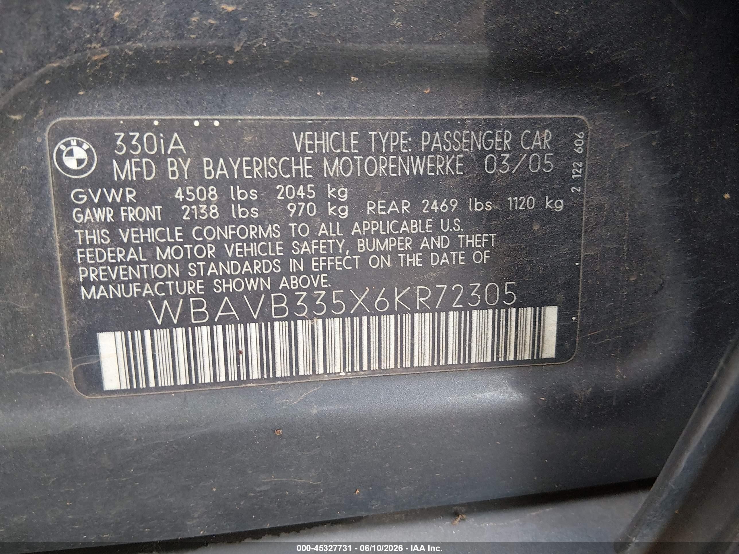 2006 Bmw 330i   Gray vin: WBAVB335X6KR72305
