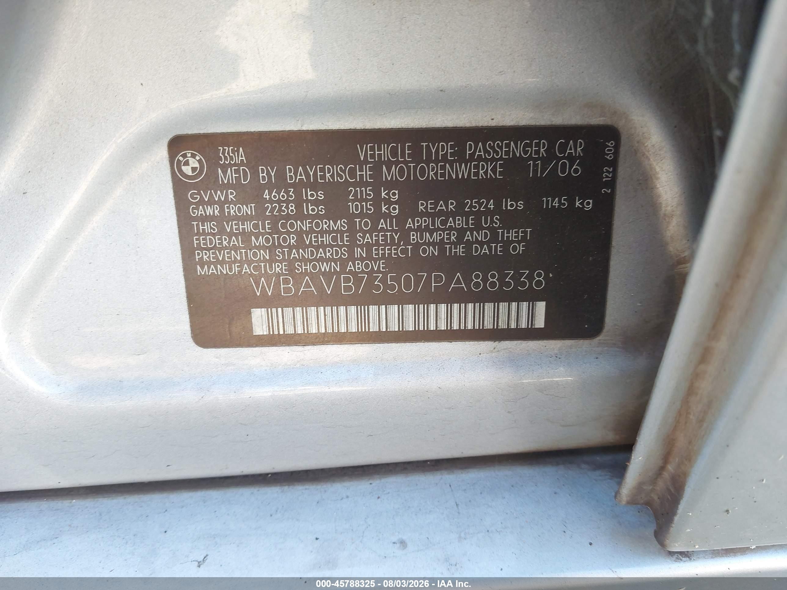 2007 Bmw 335i   Silver vin: WBAVB73507PA88338