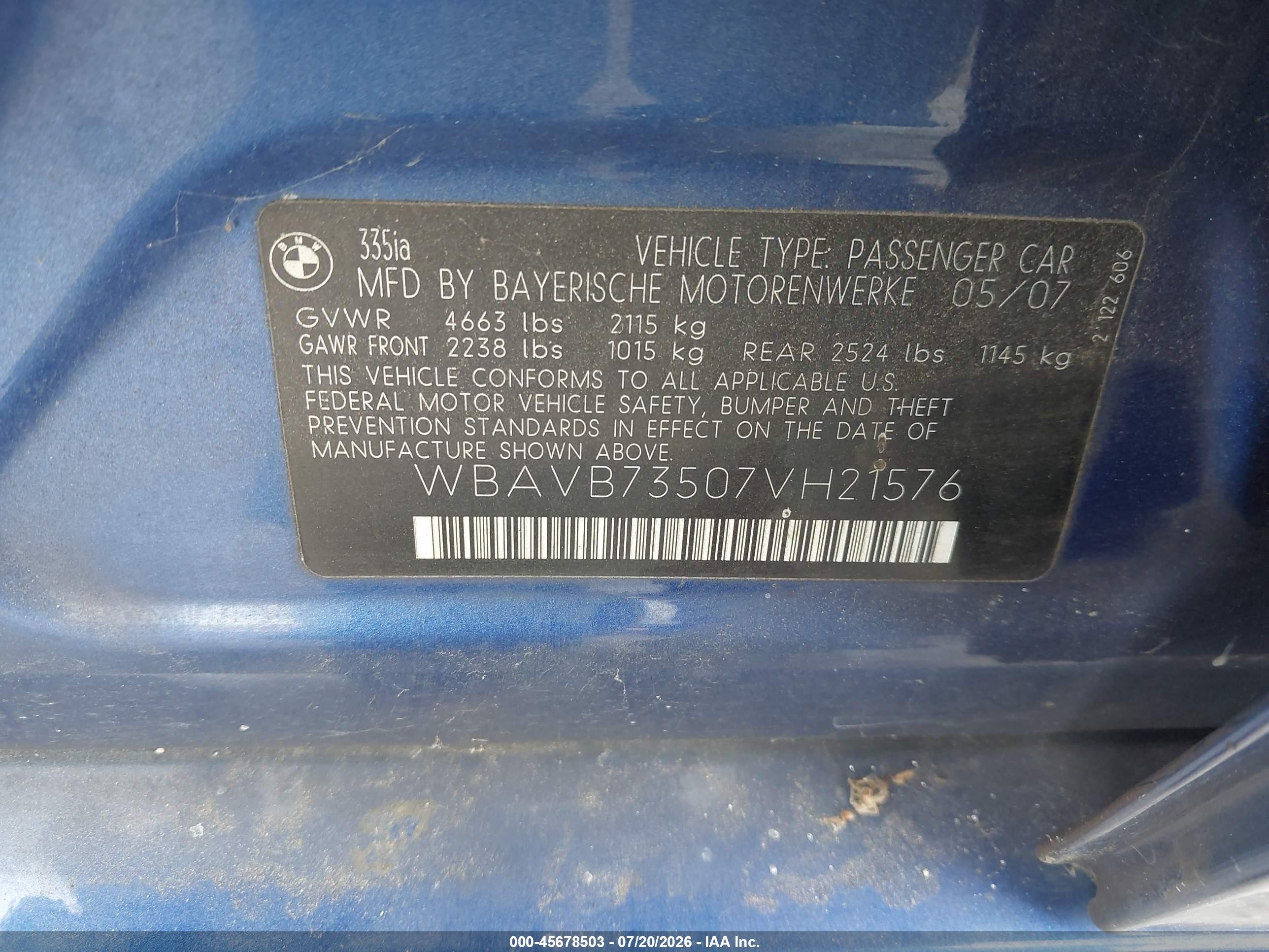 2007 Bmw 335i   Blue vin: WBAVB73507VH21576