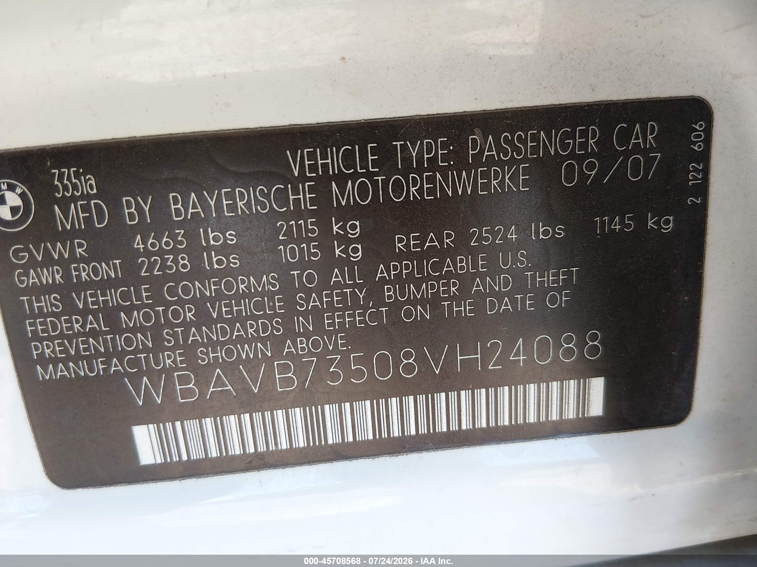 2008 Bmw 335i   White vin: WBAVB73508VH24088