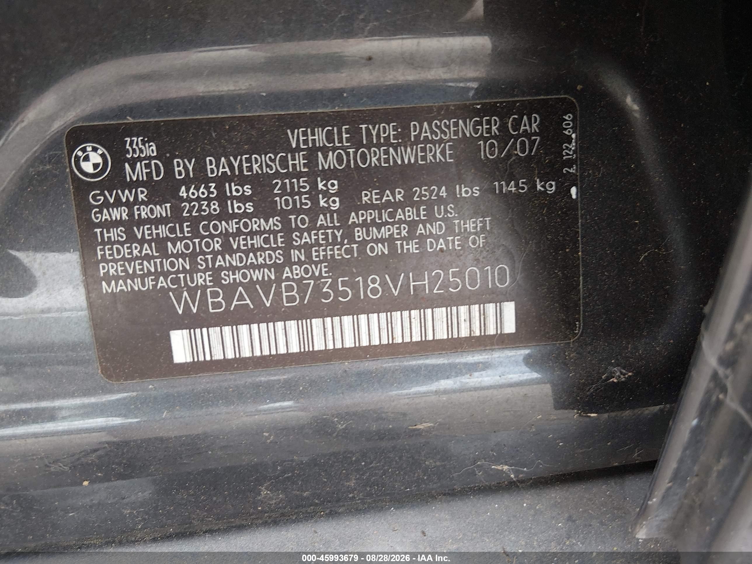 2008 Bmw 335 I Gray vin: WBAVB73518VH25010