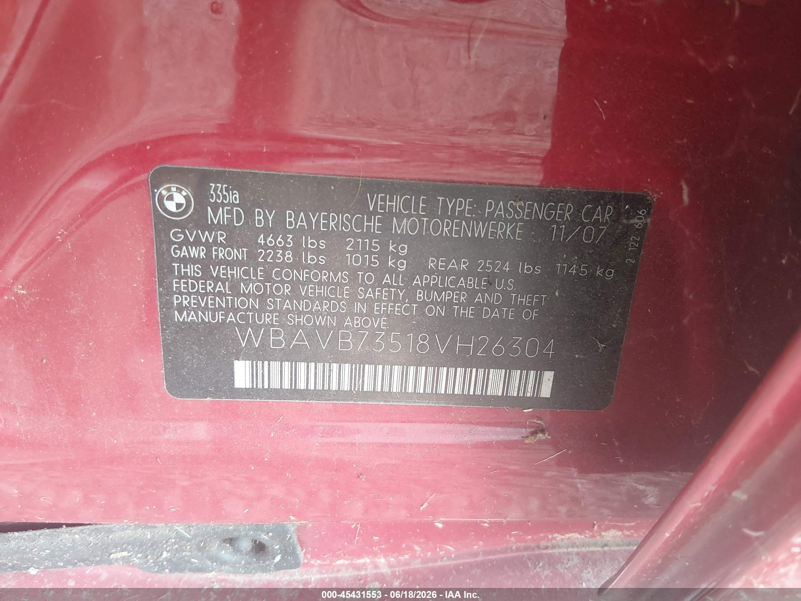 2008 Bmw 335i   Red vin: WBAVB73518VH26304