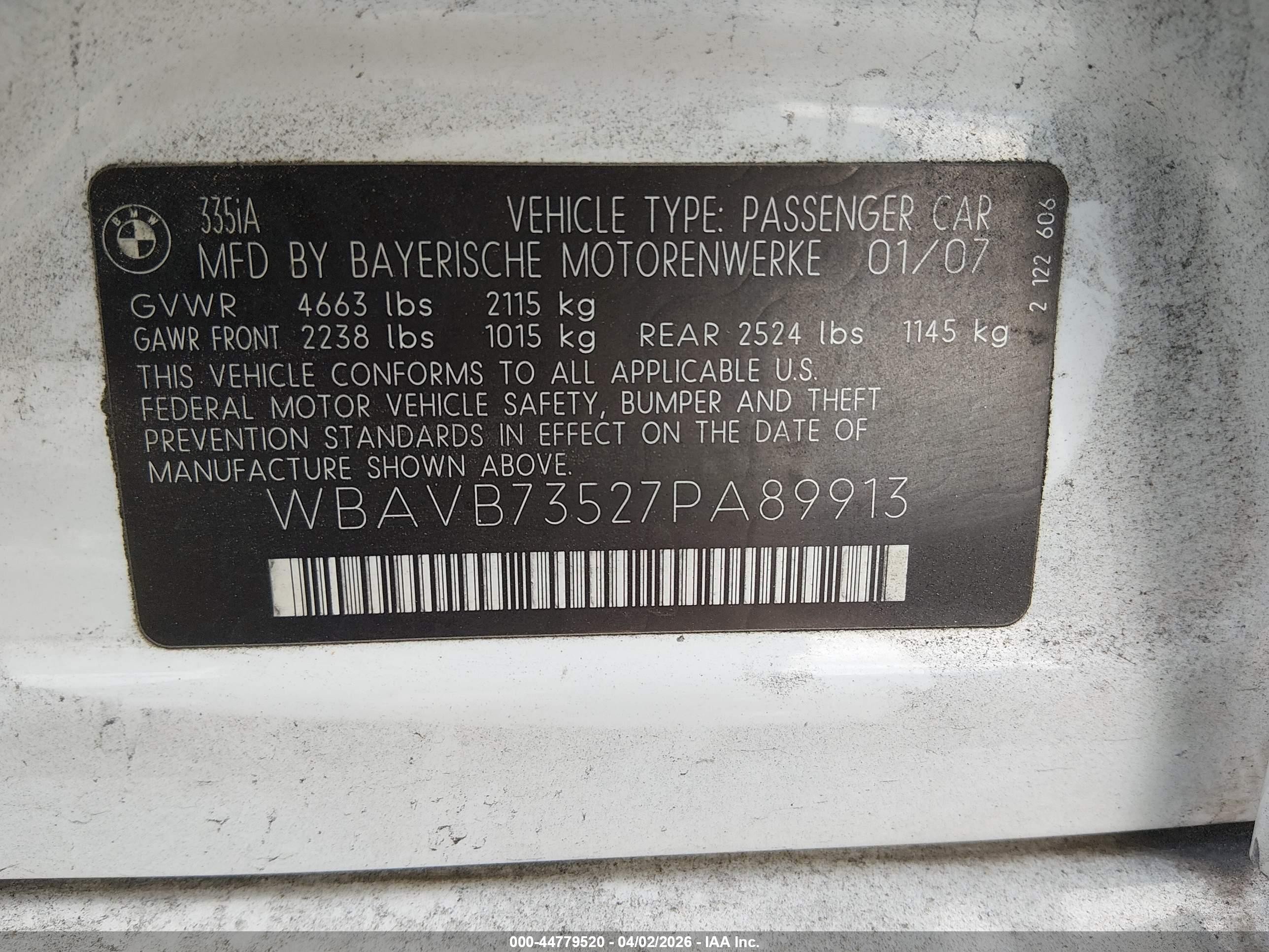 2007 Bmw 335i   White vin: WBAVB73527PA89913