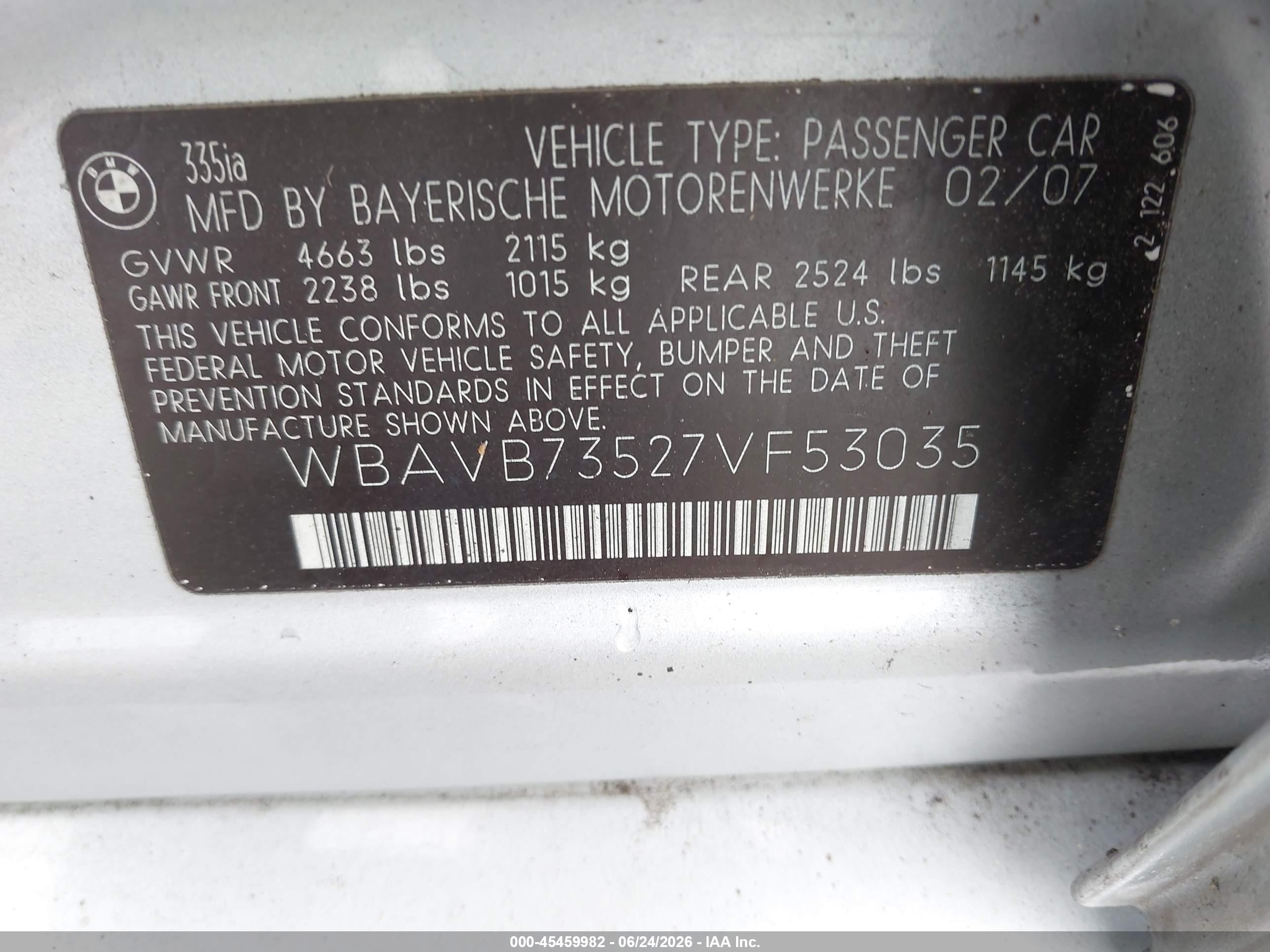 2007 Bmw 335i   Серебряный vin: WBAVB73527VF53035