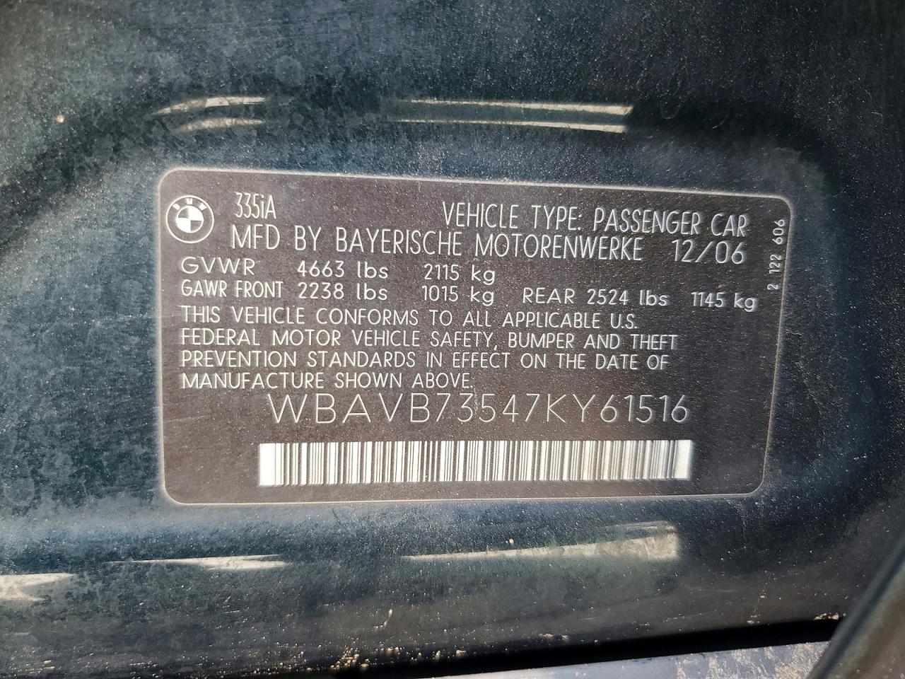 2007 Bmw 335 I Green vin: WBAVB73547KY61516