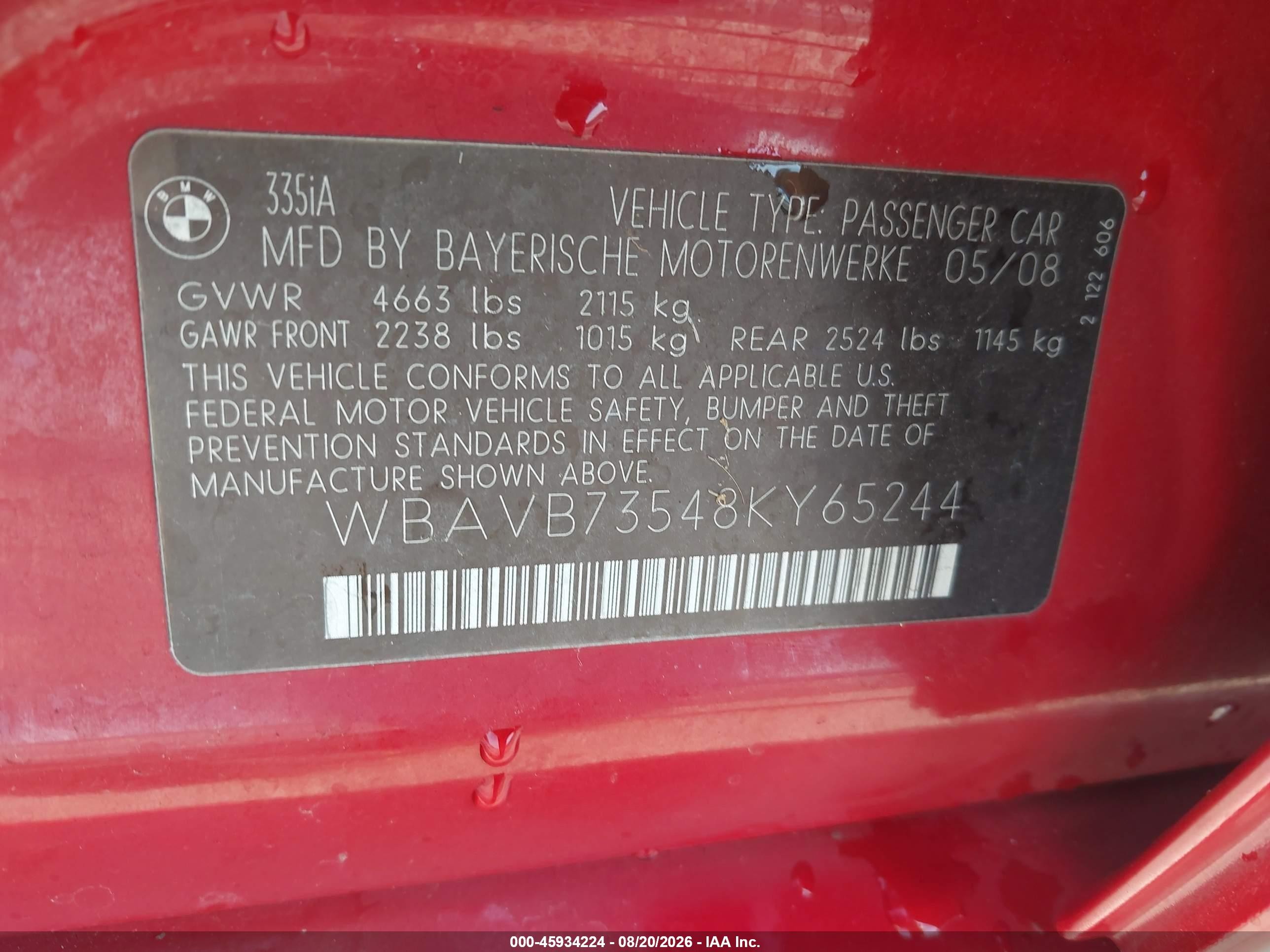 2008 Bmw 335i   Red vin: WBAVB73548KY65244