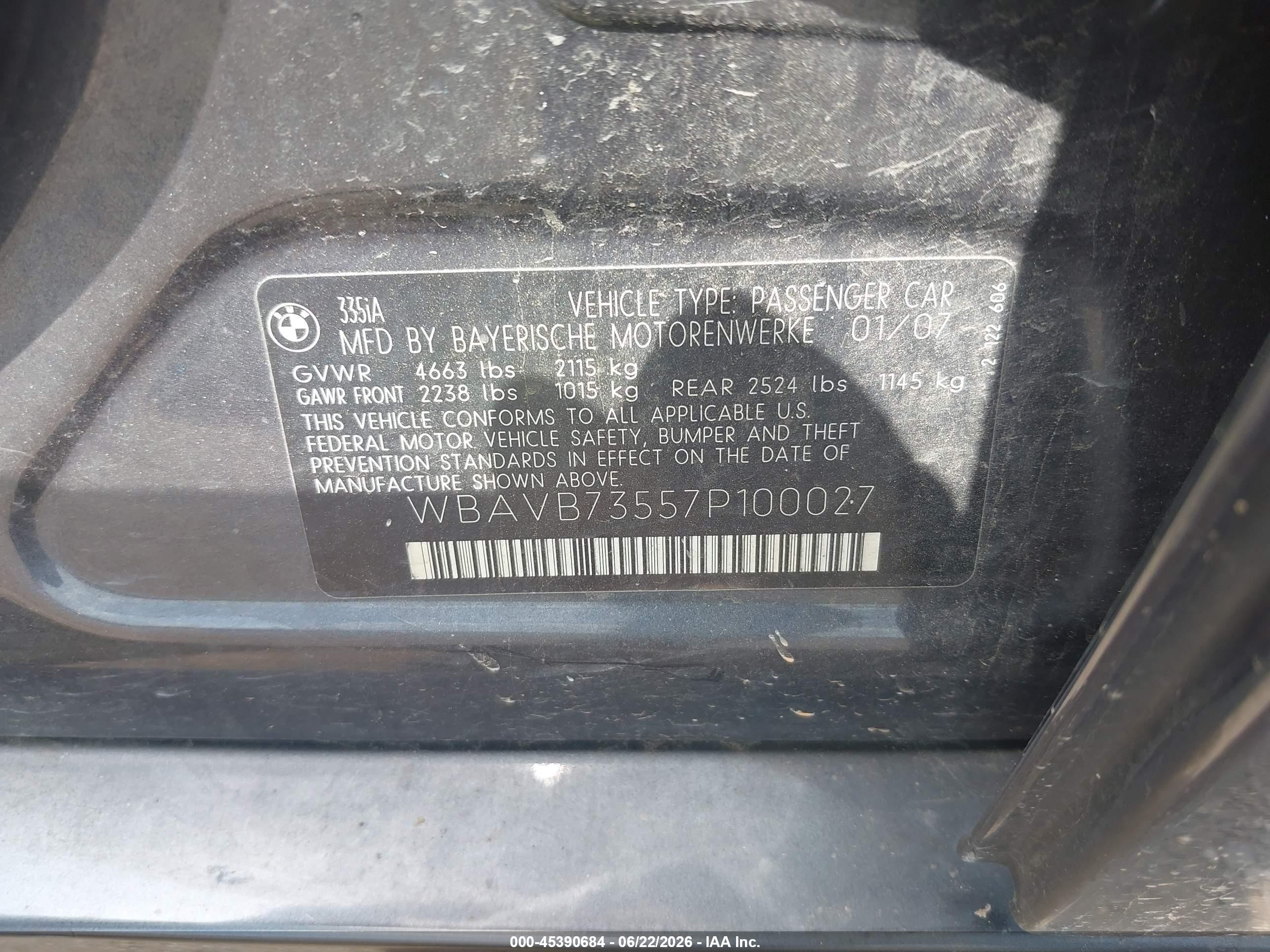 2007 Bmw 335i   Gray vin: WBAVB73557P100027