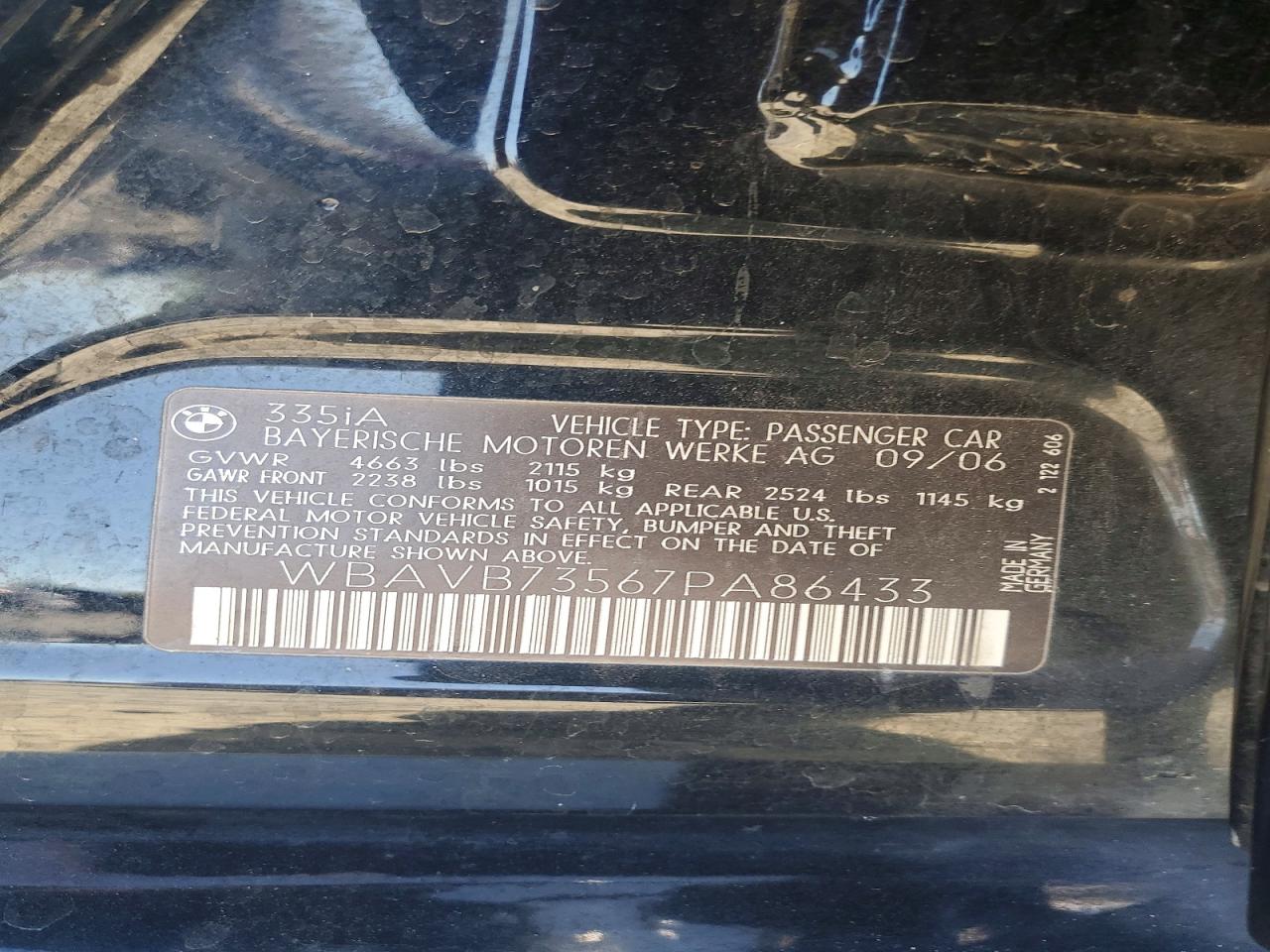 2007 Bmw 335 I Black vin: WBAVB73567PA86433