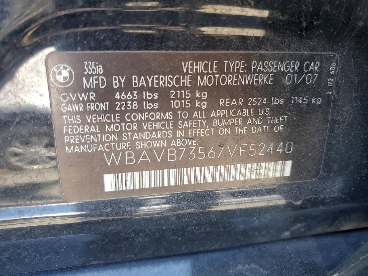 2007 Bmw 335 I Black vin: WBAVB73567VF52440