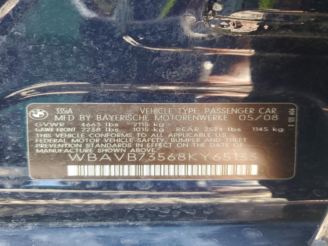 2008 Bmw 335 I Black vin: WBAVB73568KY65133