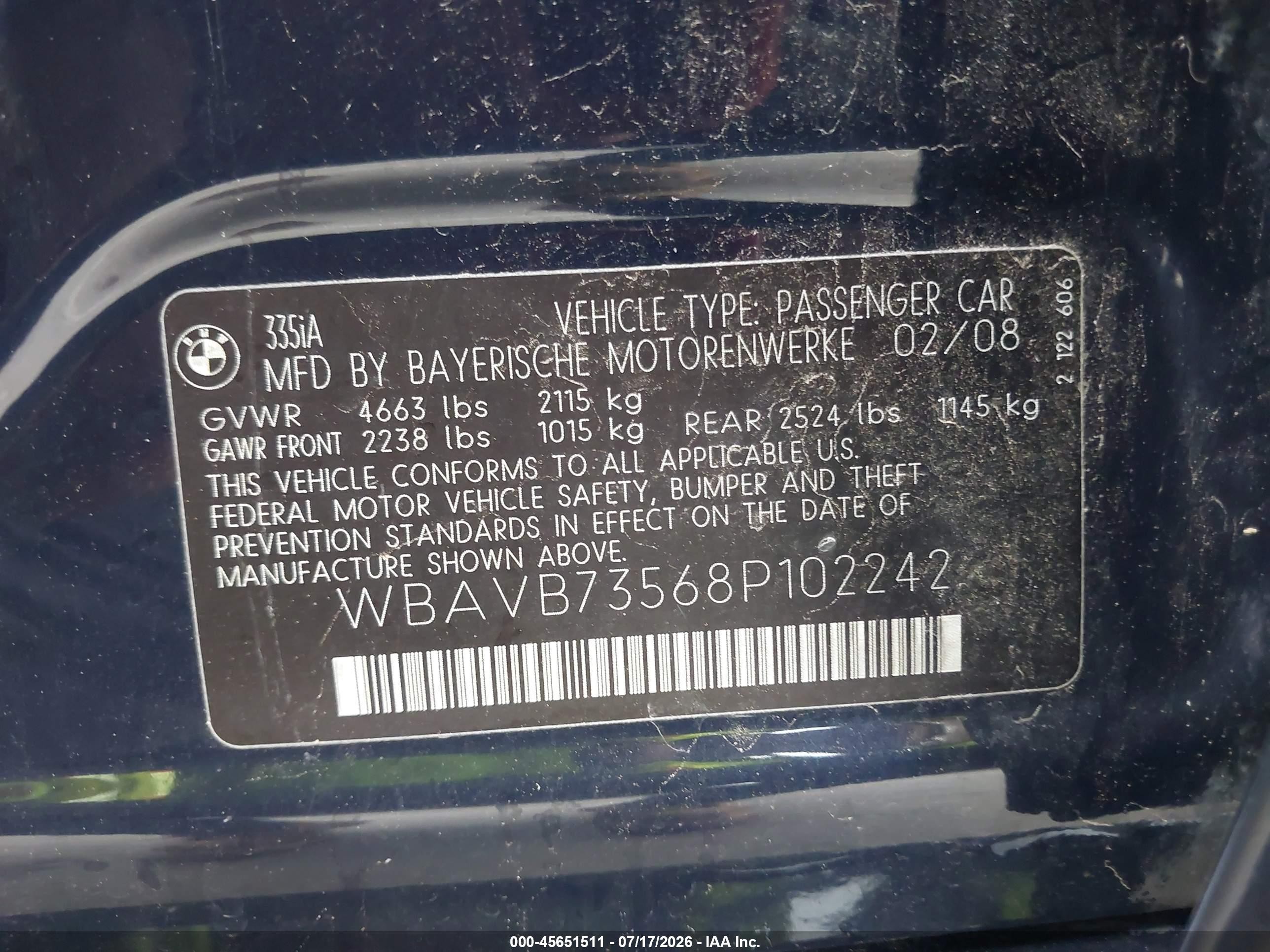 2008 Bmw 335i   Blue vin: WBAVB73568P102242