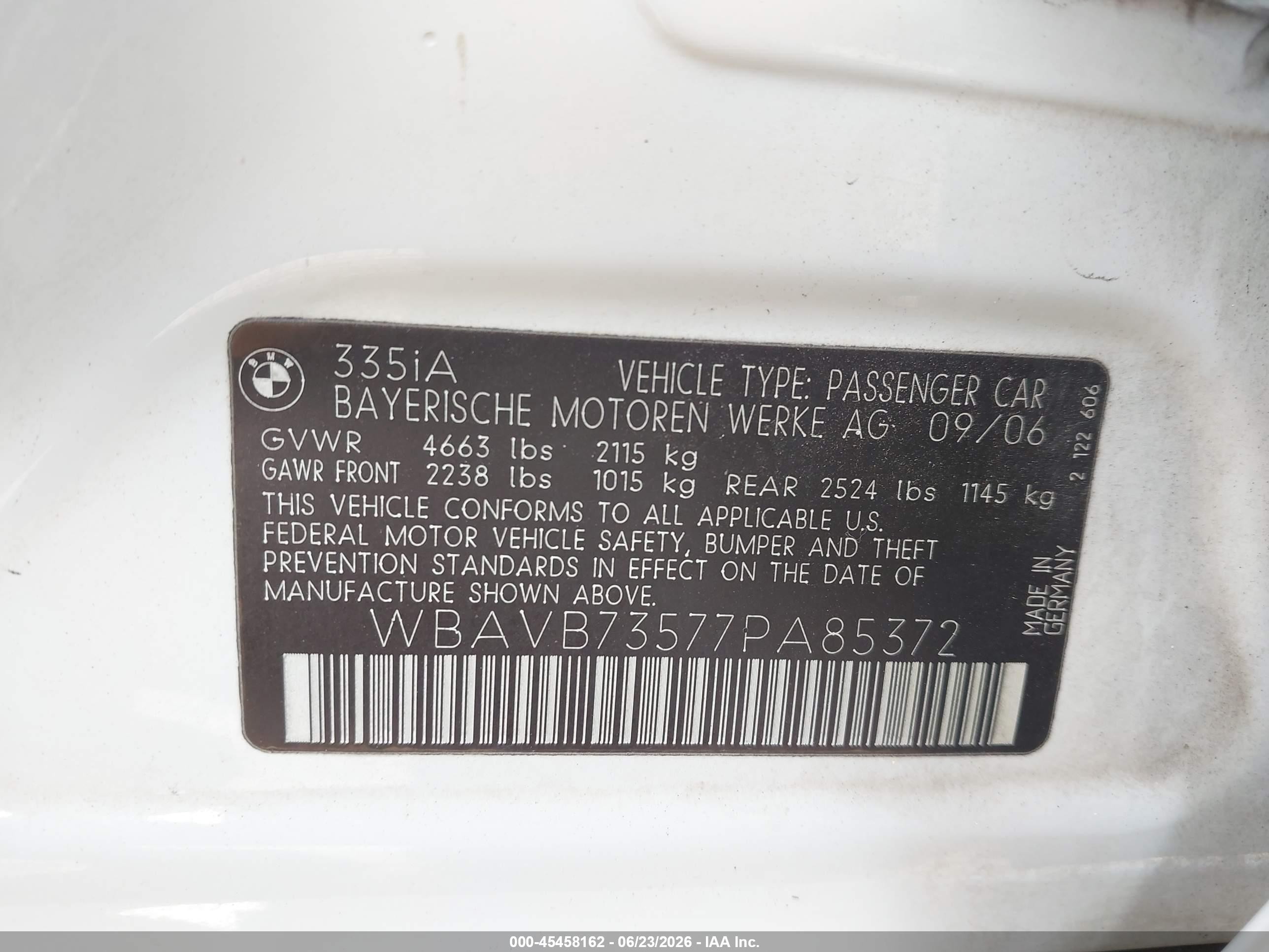 2007 Bmw 335i White vin: WBAVB73577PA85372