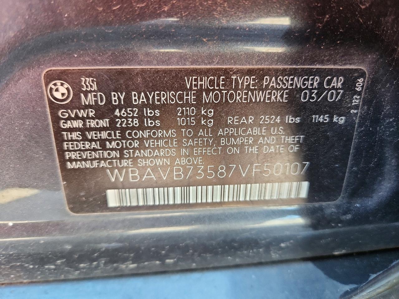 2007 Bmw 335 I Gray vin: WBAVB73587VF50107