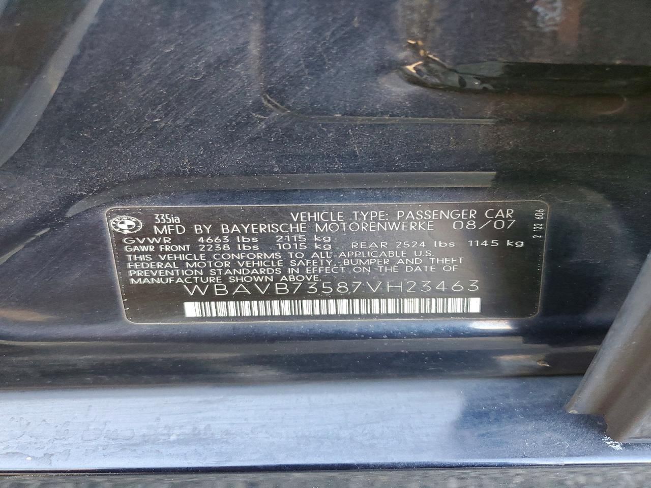 2007 Bmw 335 I Синий vin: WBAVB73587VH23463