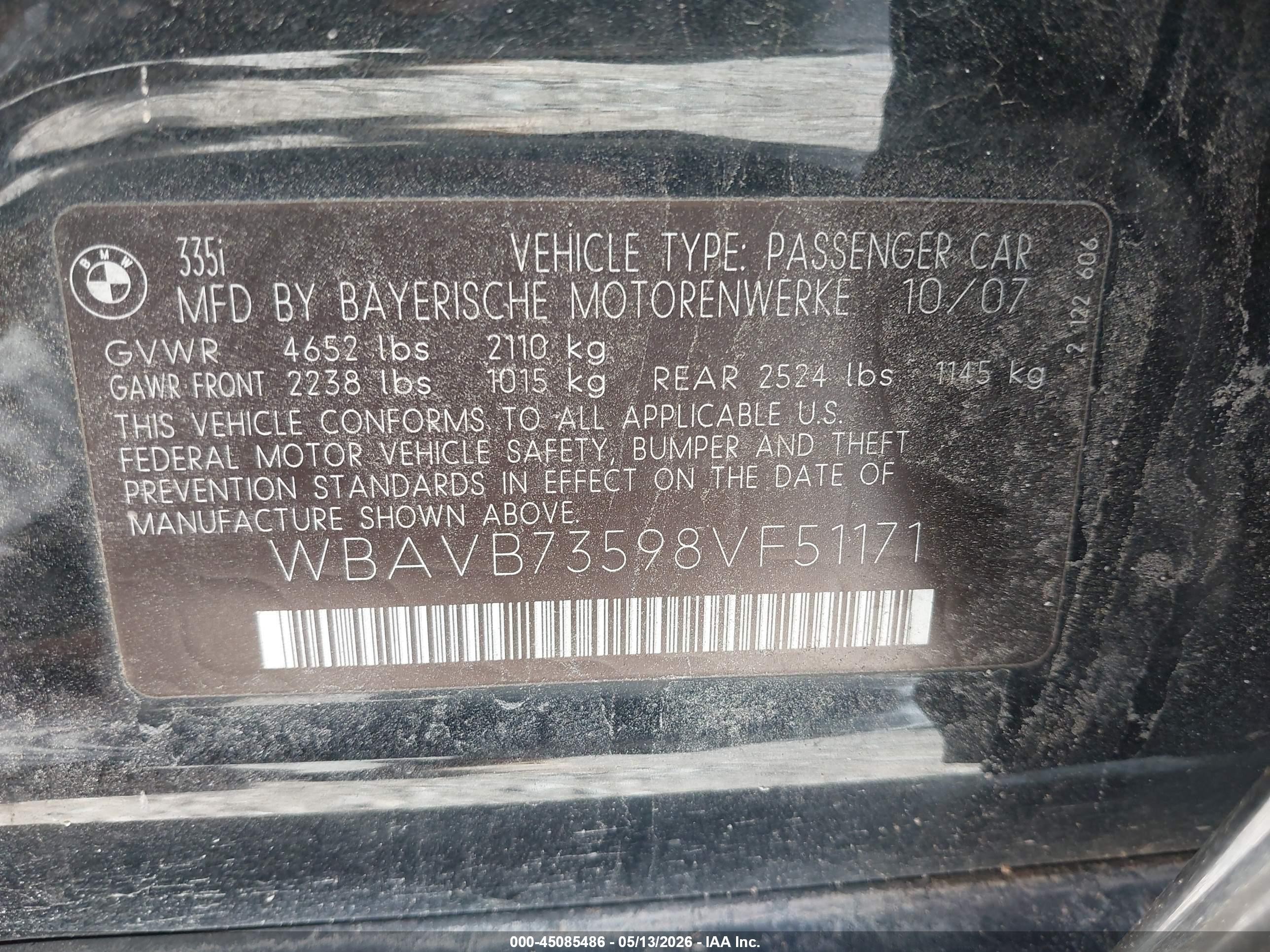 2008 Bmw 335i   Черный vin: WBAVB73598VF51171