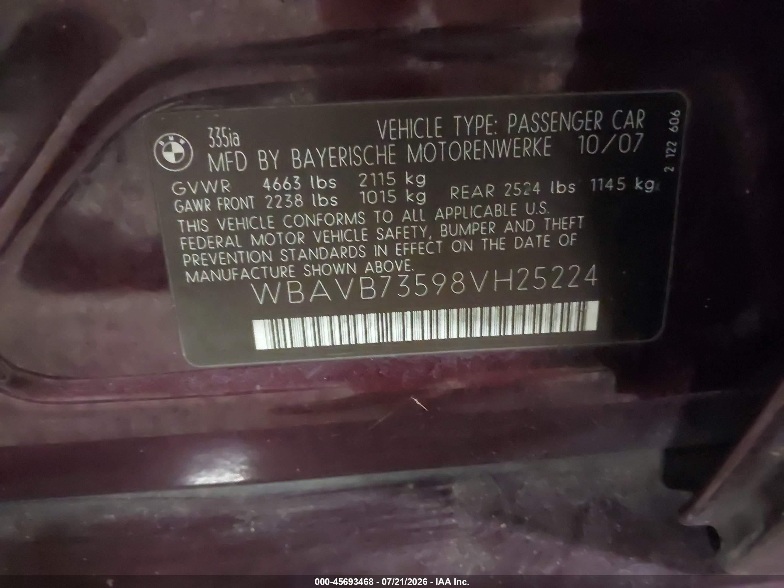 2008 Bmw 335i   Burgundy vin: WBAVB73598VH25224