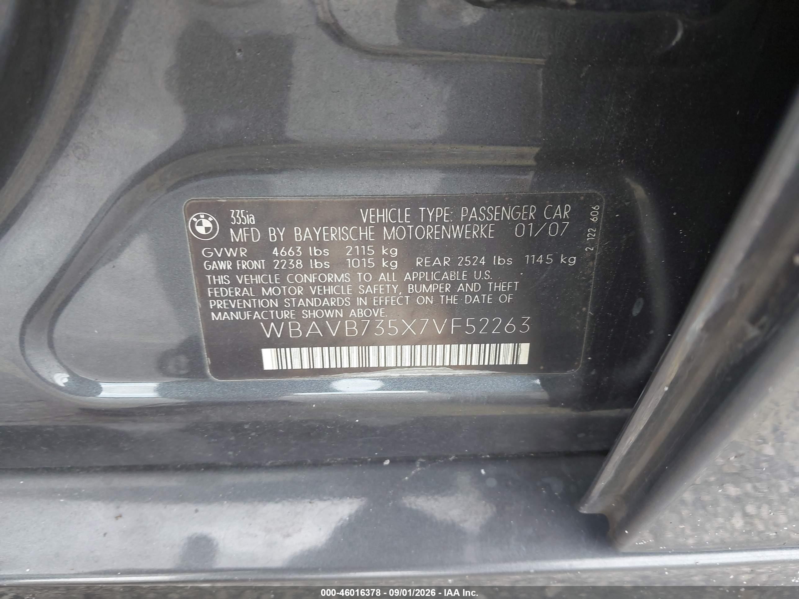 2007 Bmw 335i   Gray vin: WBAVB735X7VF52263
