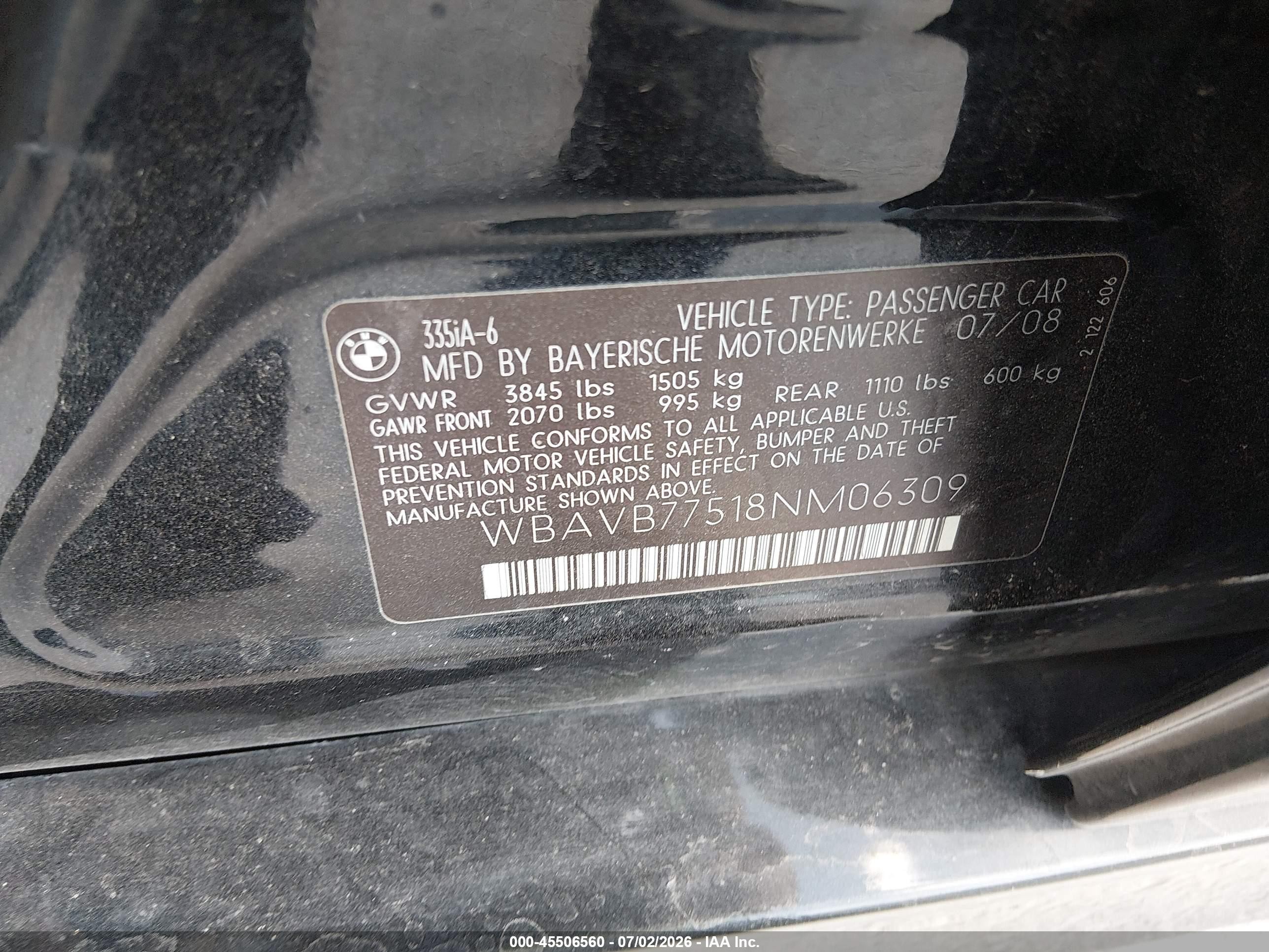 2008 Bmw 335i   Черный vin: WBAVB77518NM06309