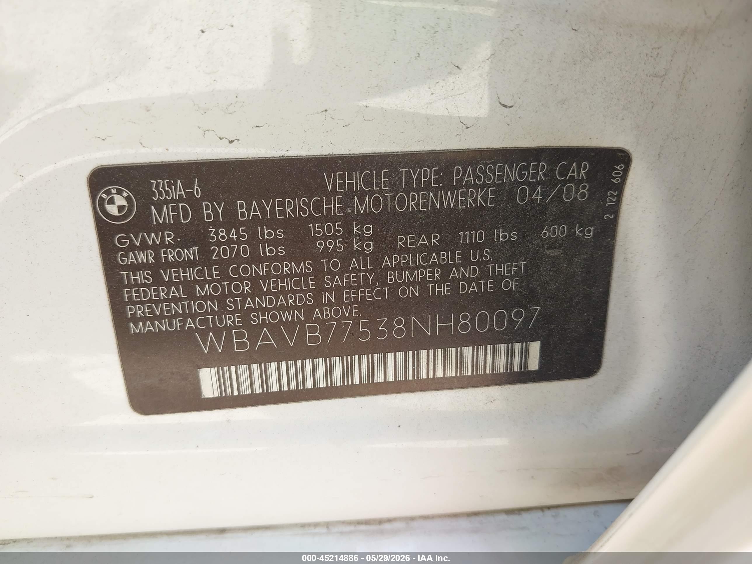 2008 Bmw 335i Белый vin: WBAVB77538NH80097