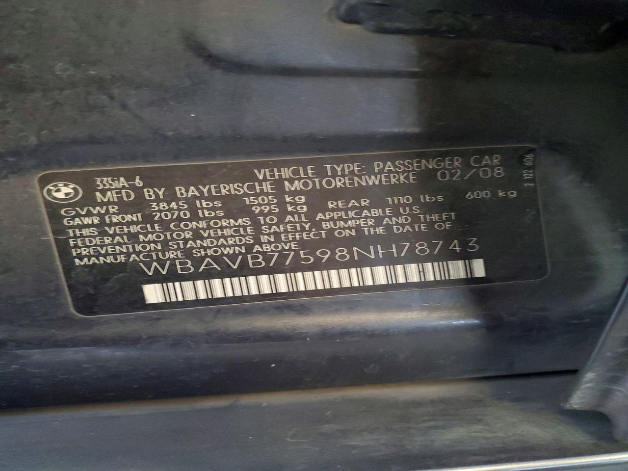 2008 Bmw 335 I Серый vin: WBAVB77598NH78743