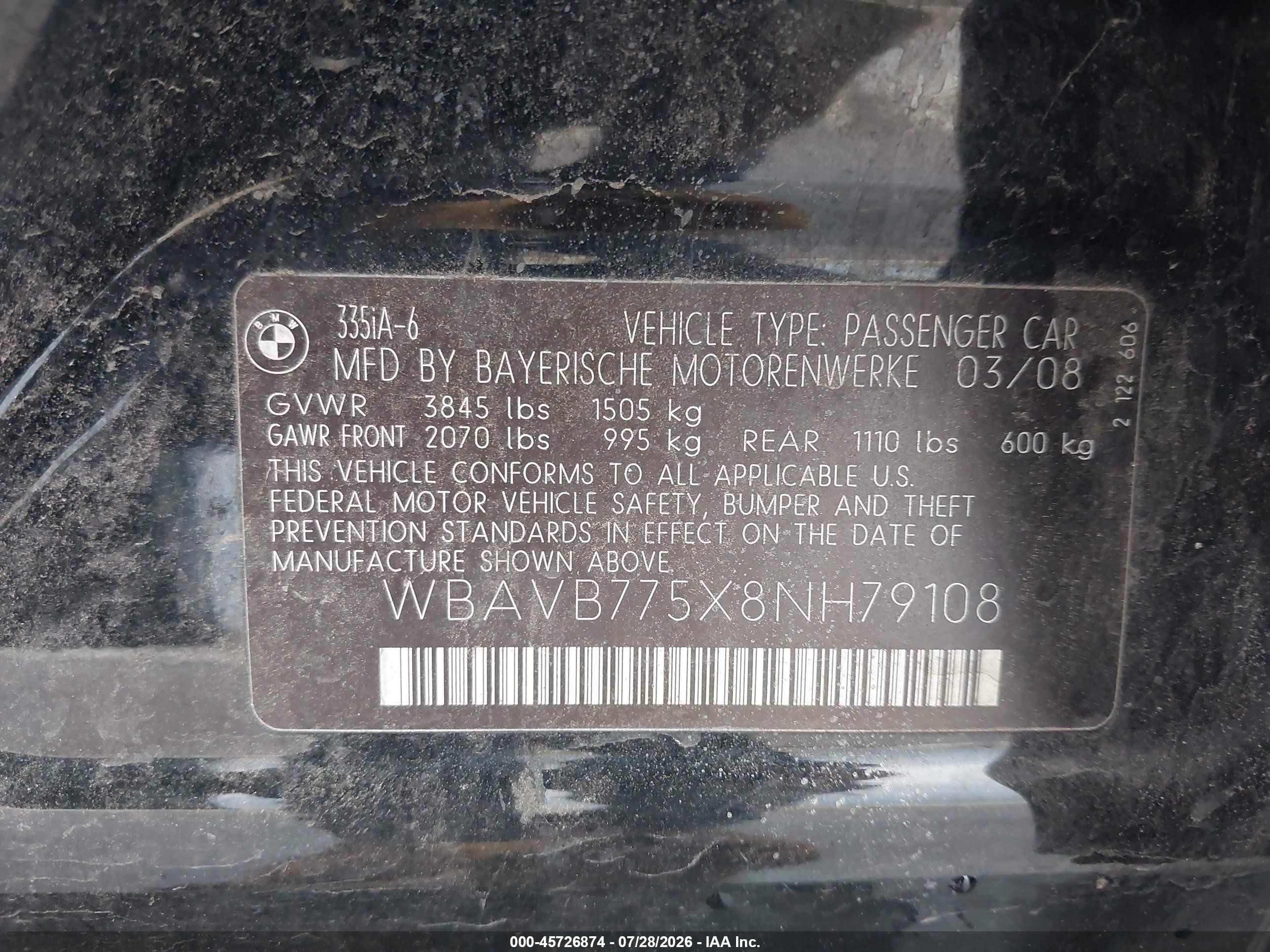 2008 Bmw 335i   Black vin: WBAVB775X8NH79108