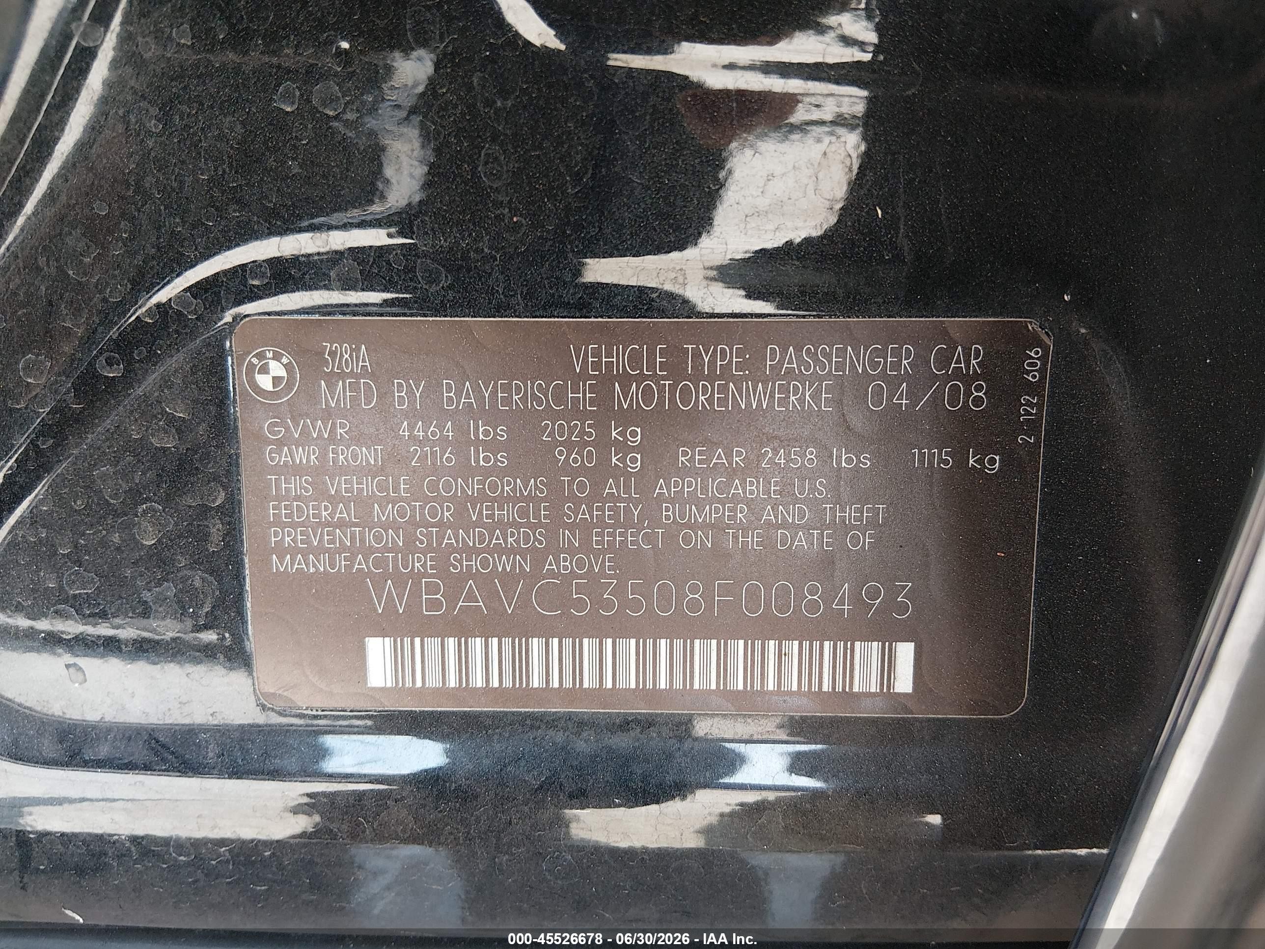 2008 Bmw 328i   Black vin: WBAVC53508F008493