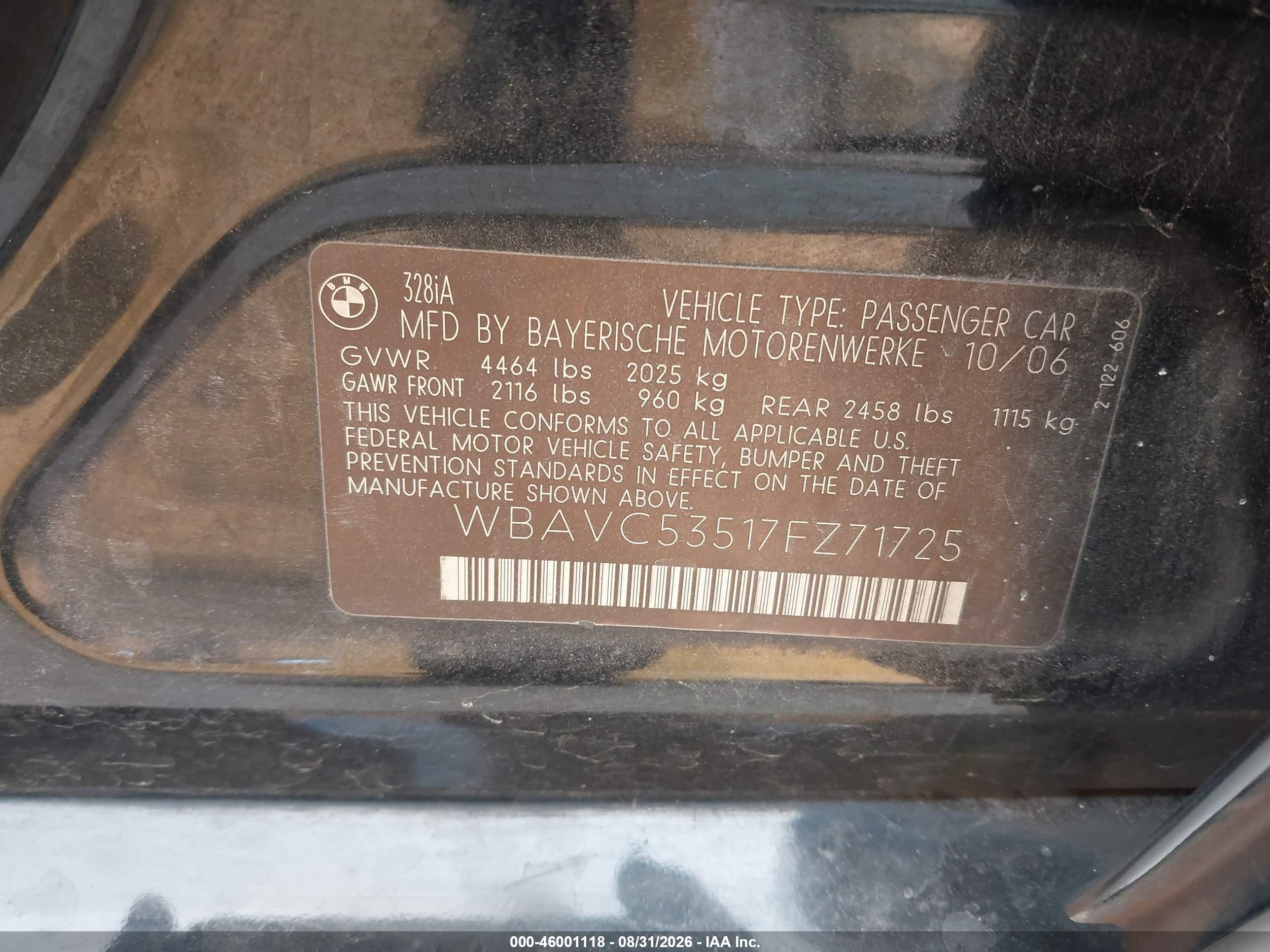 2007 Bmw 328i   Black vin: WBAVC53517FZ71725