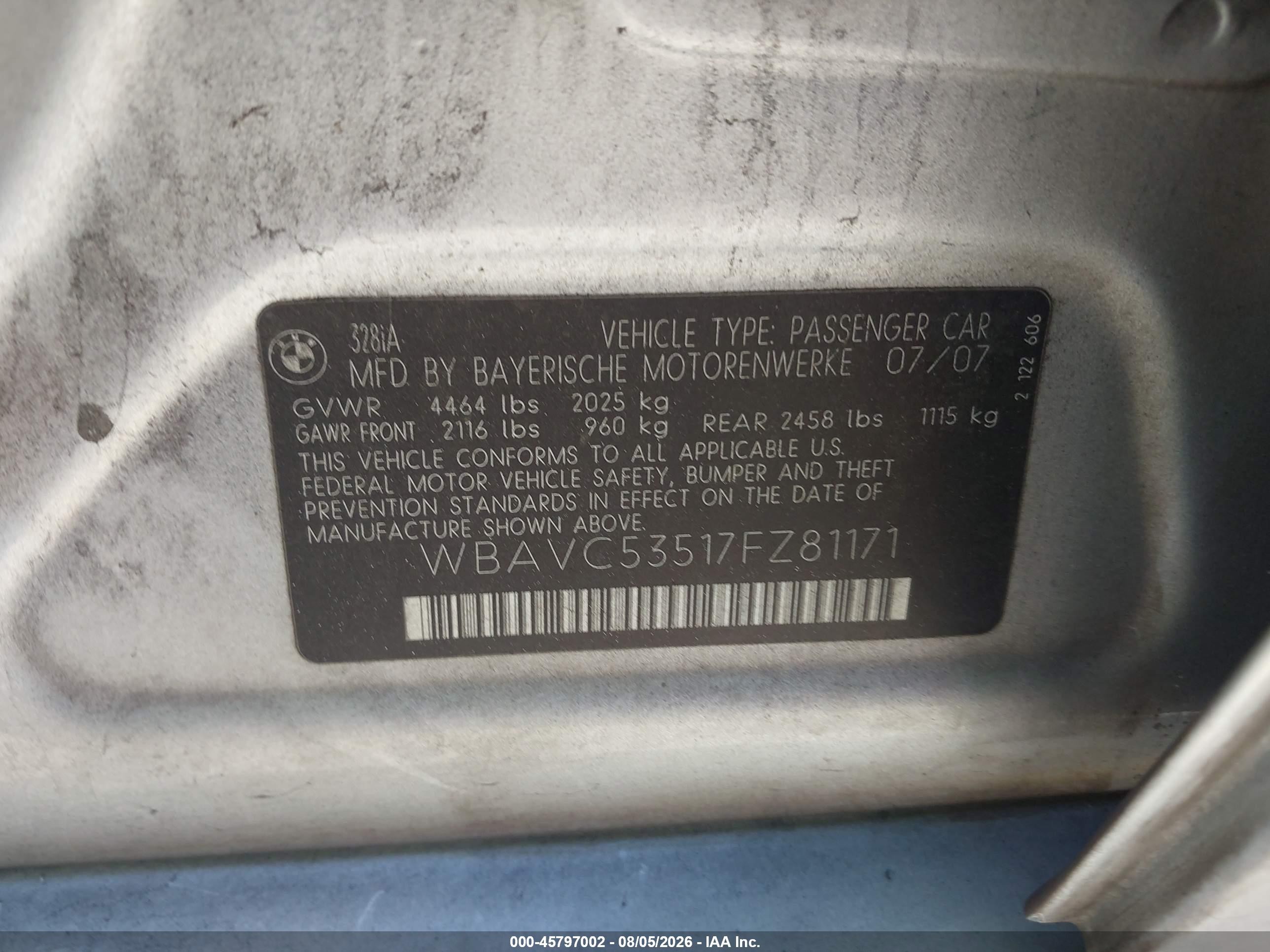 2007 Bmw 328i   Gray vin: WBAVC53517FZ81171