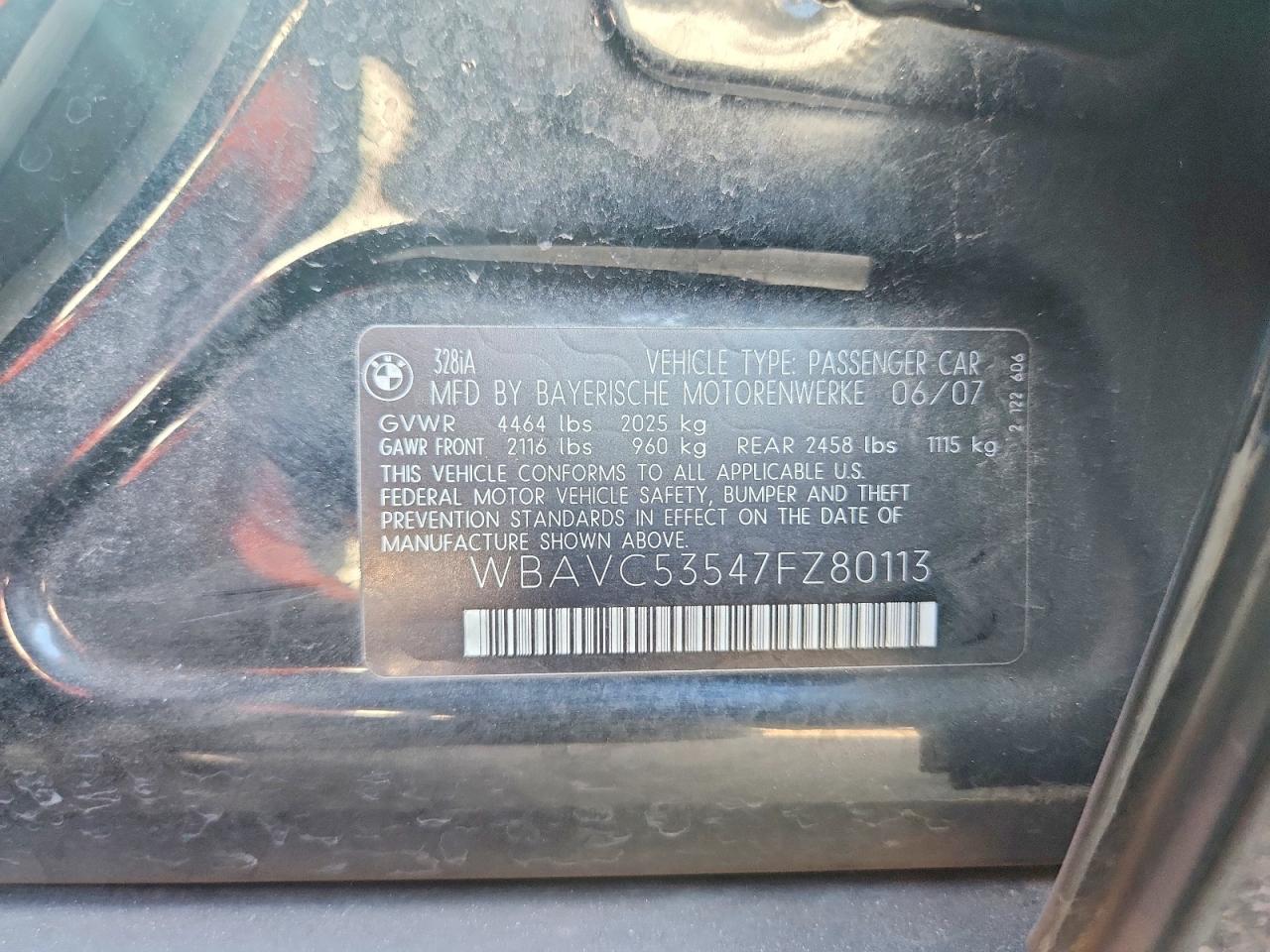 2007 Bmw 328 I Sulev Black vin: WBAVC53547FZ80113