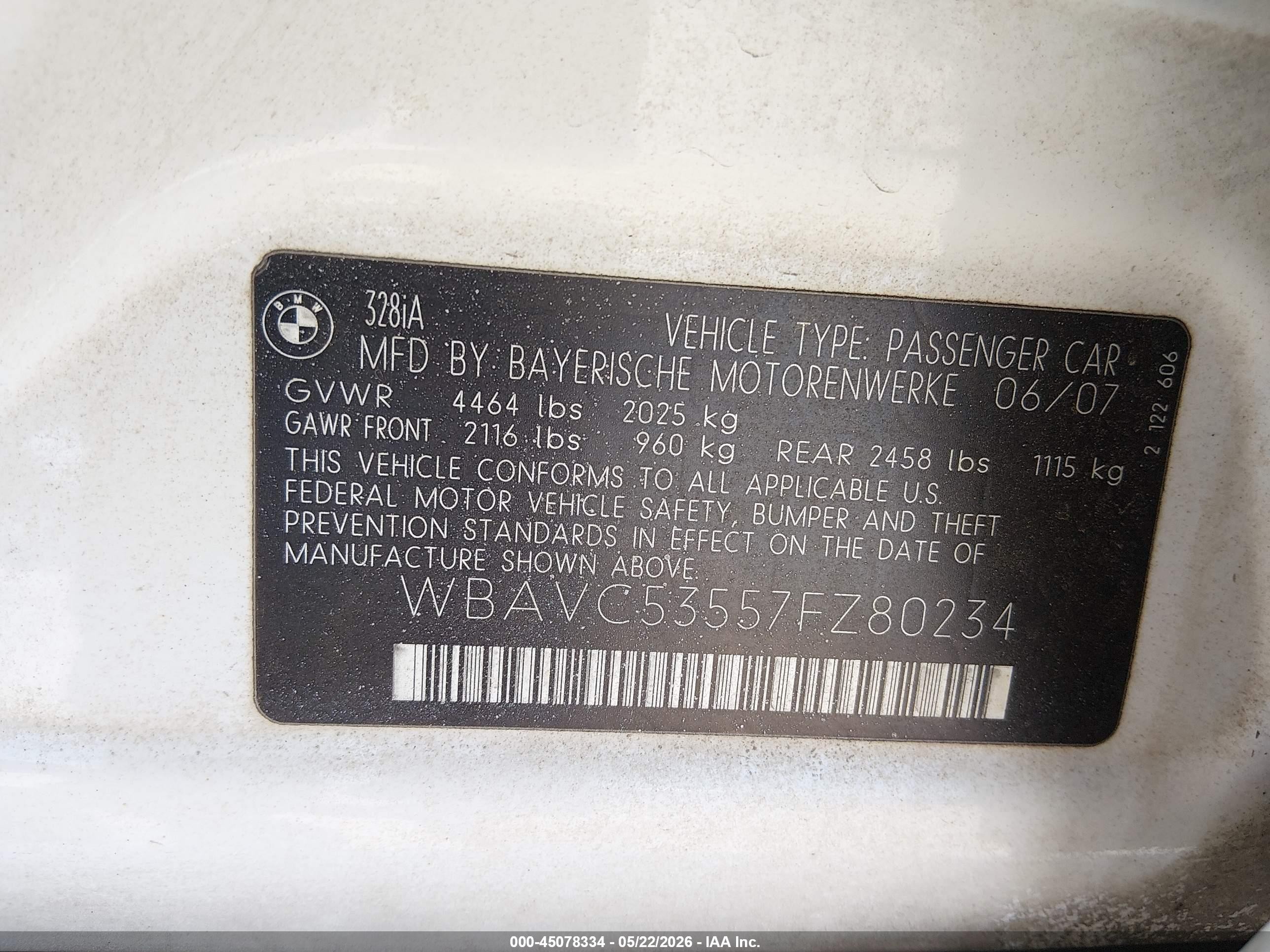 2007 Bmw 328i   White vin: WBAVC53557FZ80234