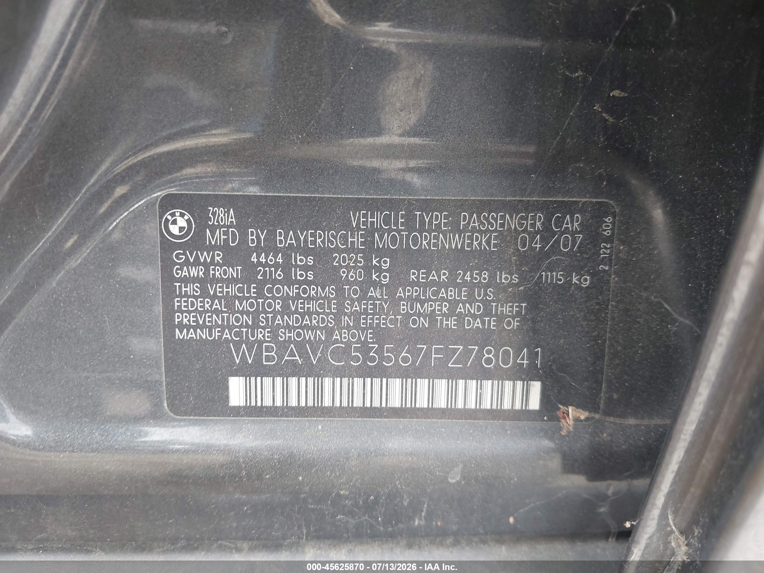 2007 Bmw 328i   Gray vin: WBAVC53567FZ78041