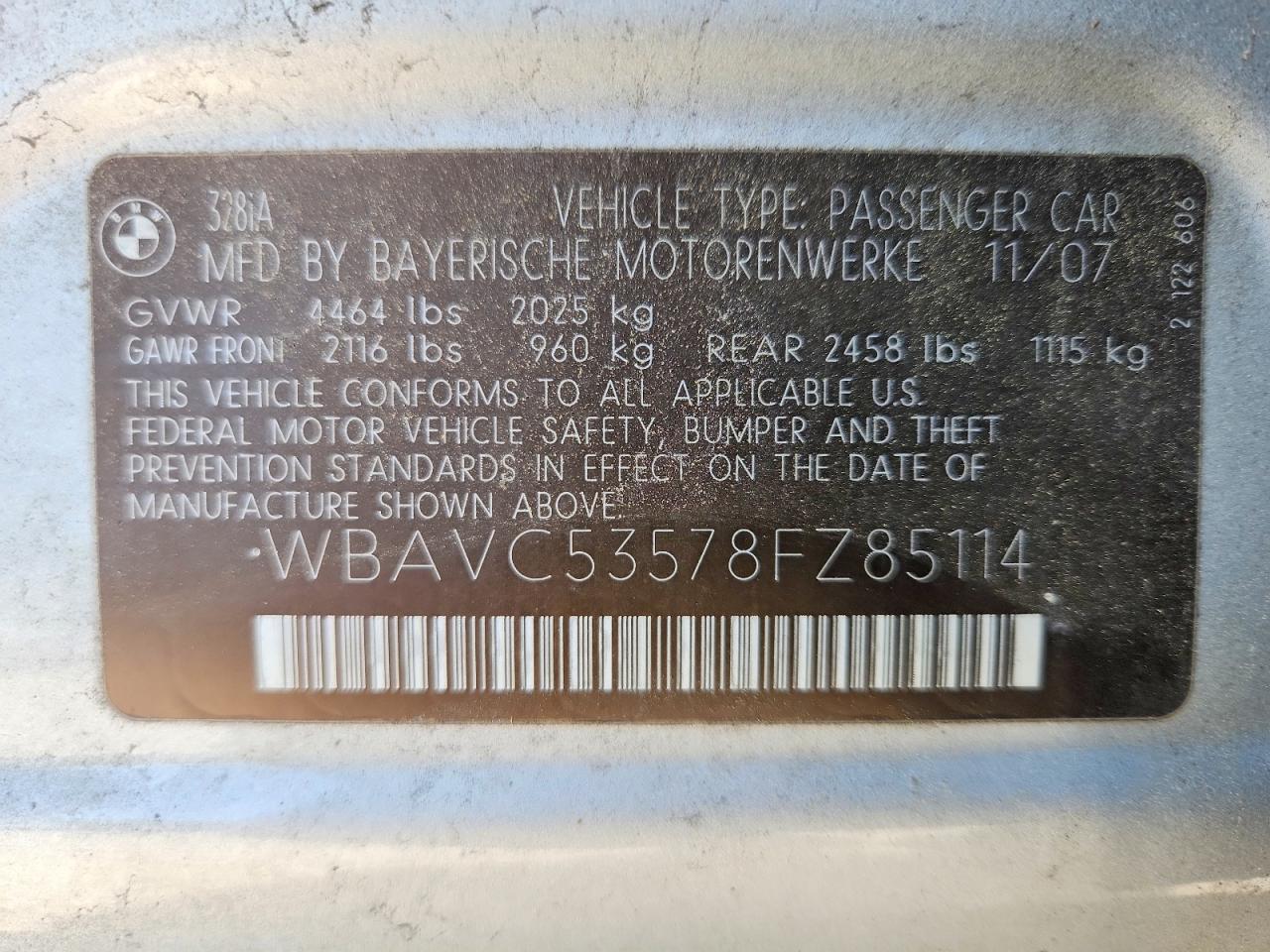 2008 Bmw 328 I Sulev Silver vin: WBAVC53578FZ85114