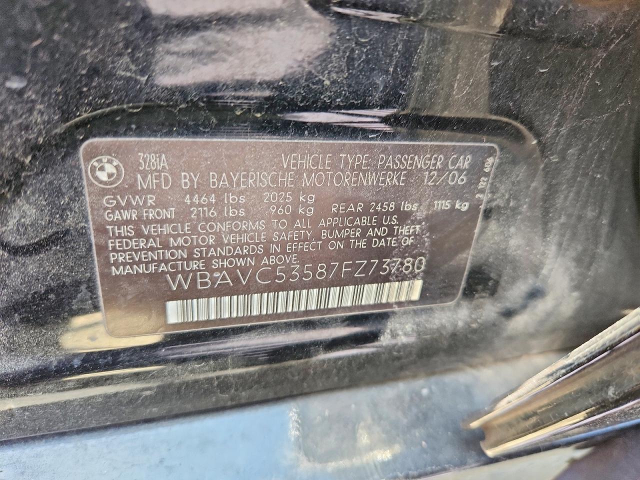 2007 Bmw 328 I Sulev Black vin: WBAVC53587FZ73780