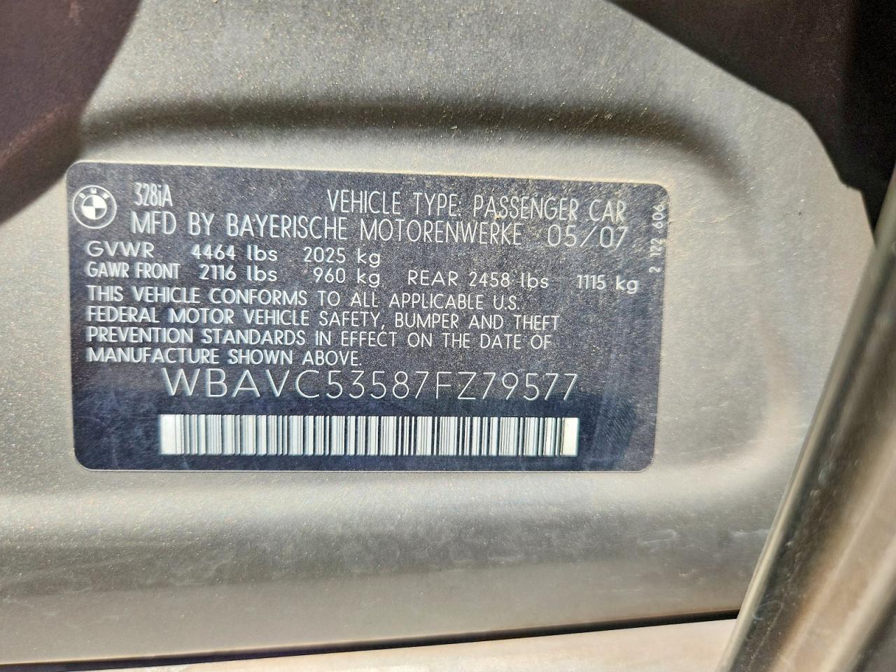 2007 Bmw 328 I Sulev Silver vin: WBAVC53587FZ79577