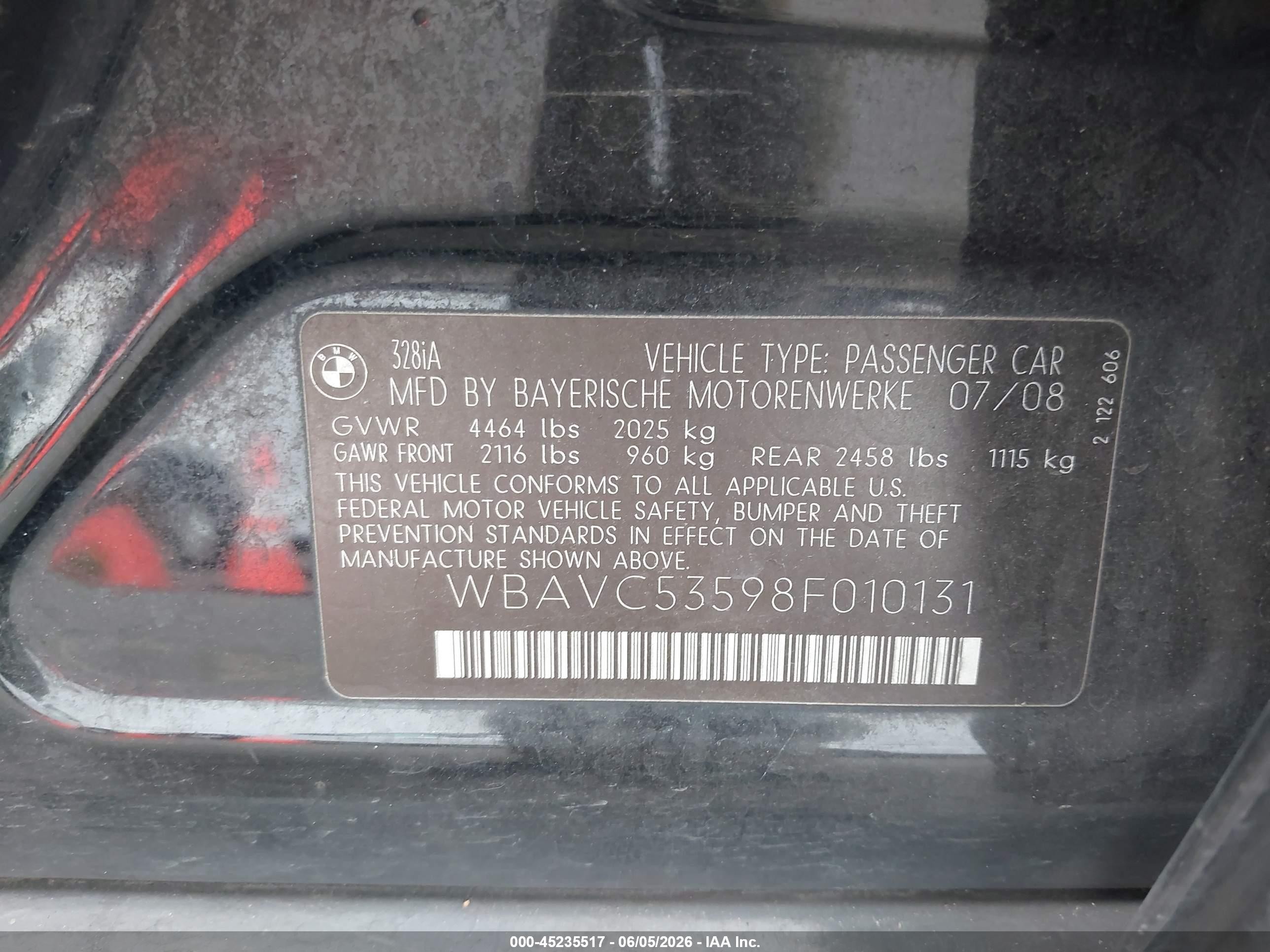2008 Bmw 328i   Black vin: WBAVC53598F010131